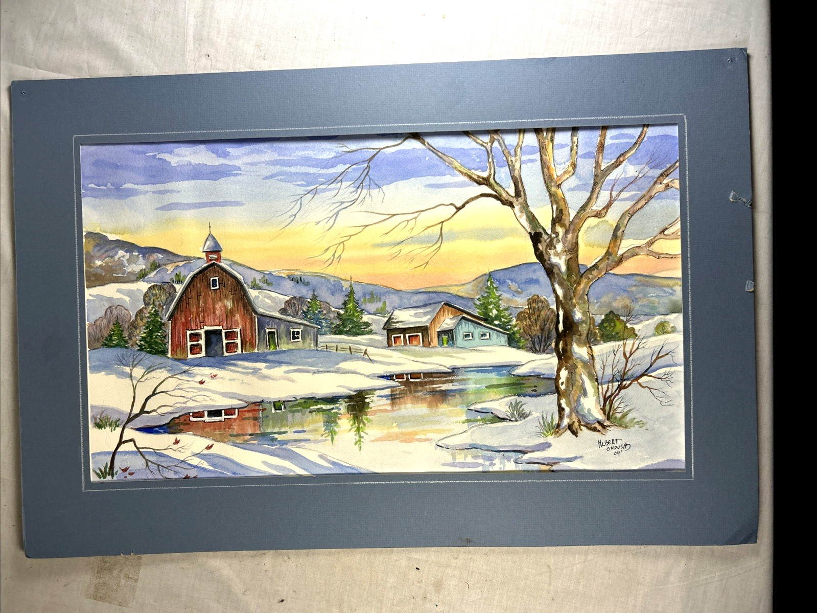 ALBERT ONDUSH 2009 WATERCOLOR PAINTING SNOW SCENE Newton Ransom Clarks Summit