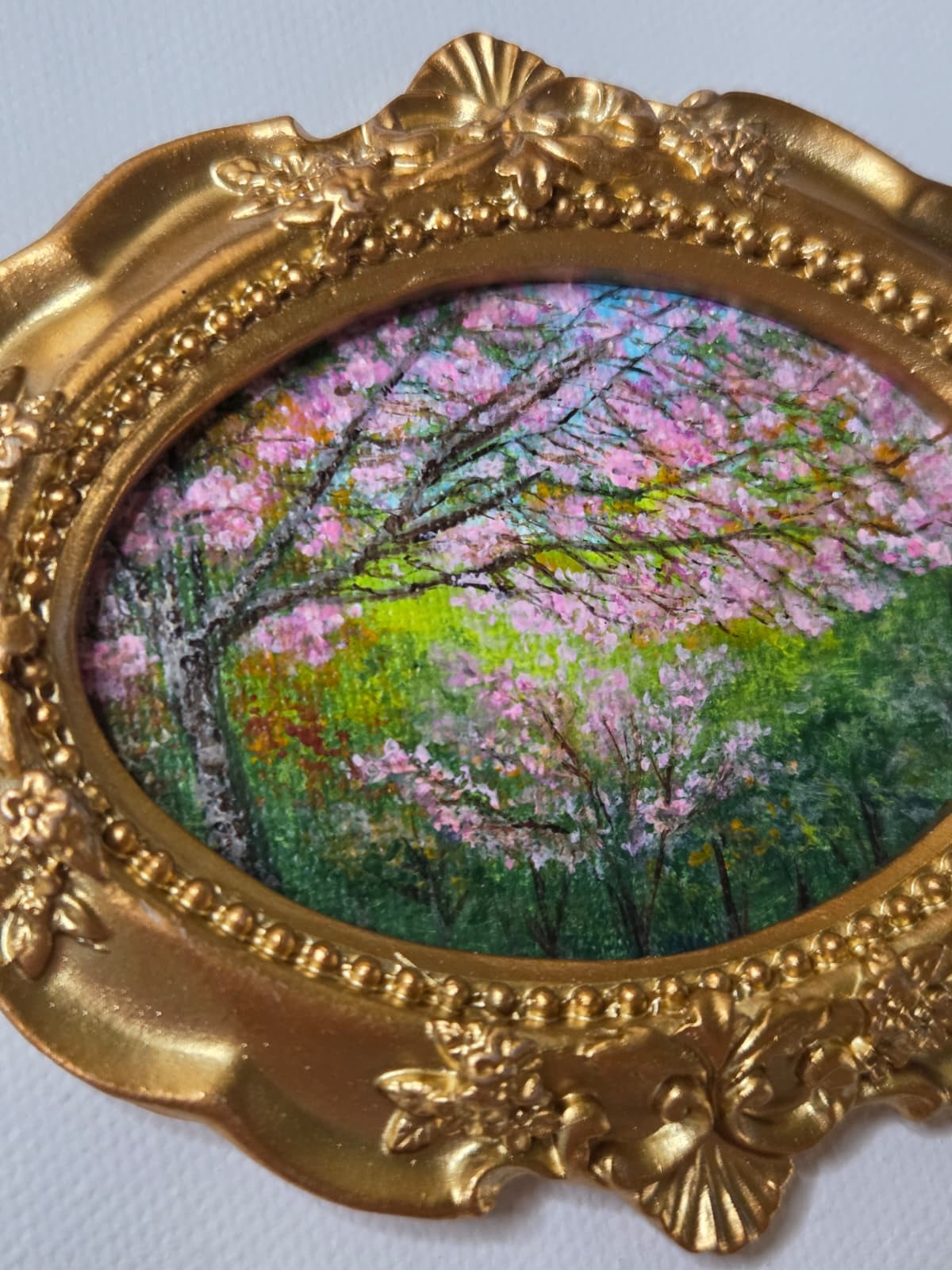 Original Mini Sakura Cherry Blossom Acrylic Painting Vintage Style Gold Frame