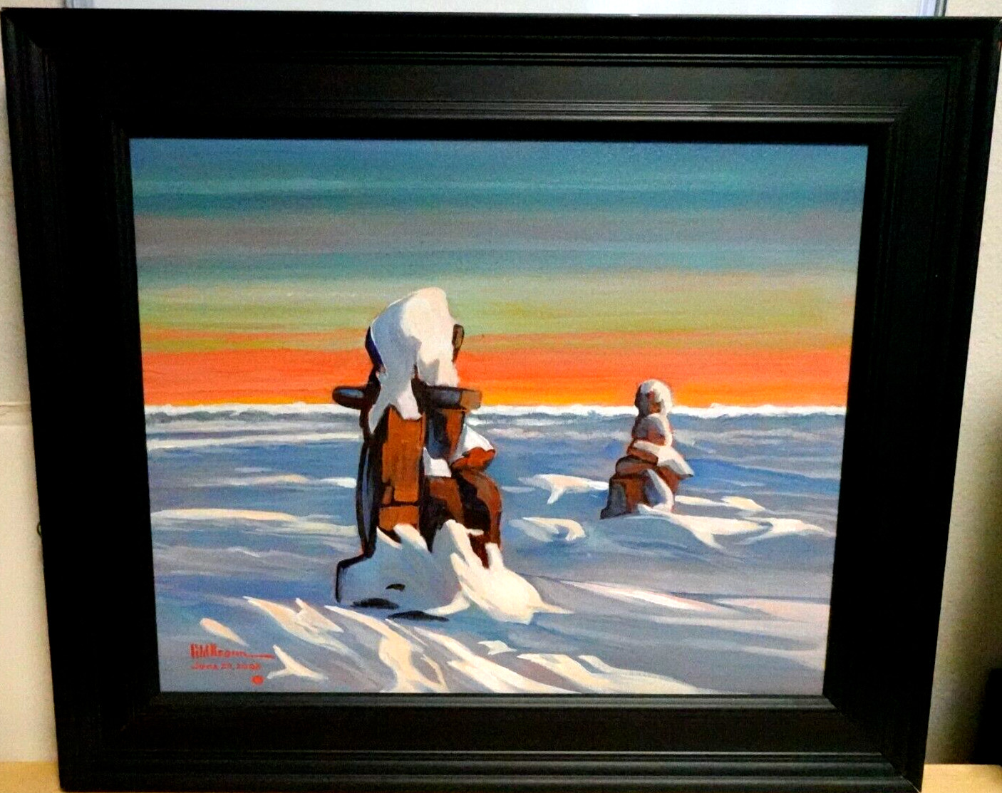 BERN WILL BROWN «INUKSHUK» ORIGINAL ACRYLIC ON CANVAS SNOW LANDSCAPE PAINTING