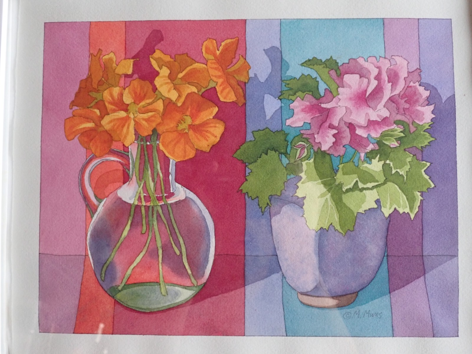 Vintage WATERCOLOR PAINTING Flowers Nasturtium Geranium BRIGHT CHEERFUL Signed