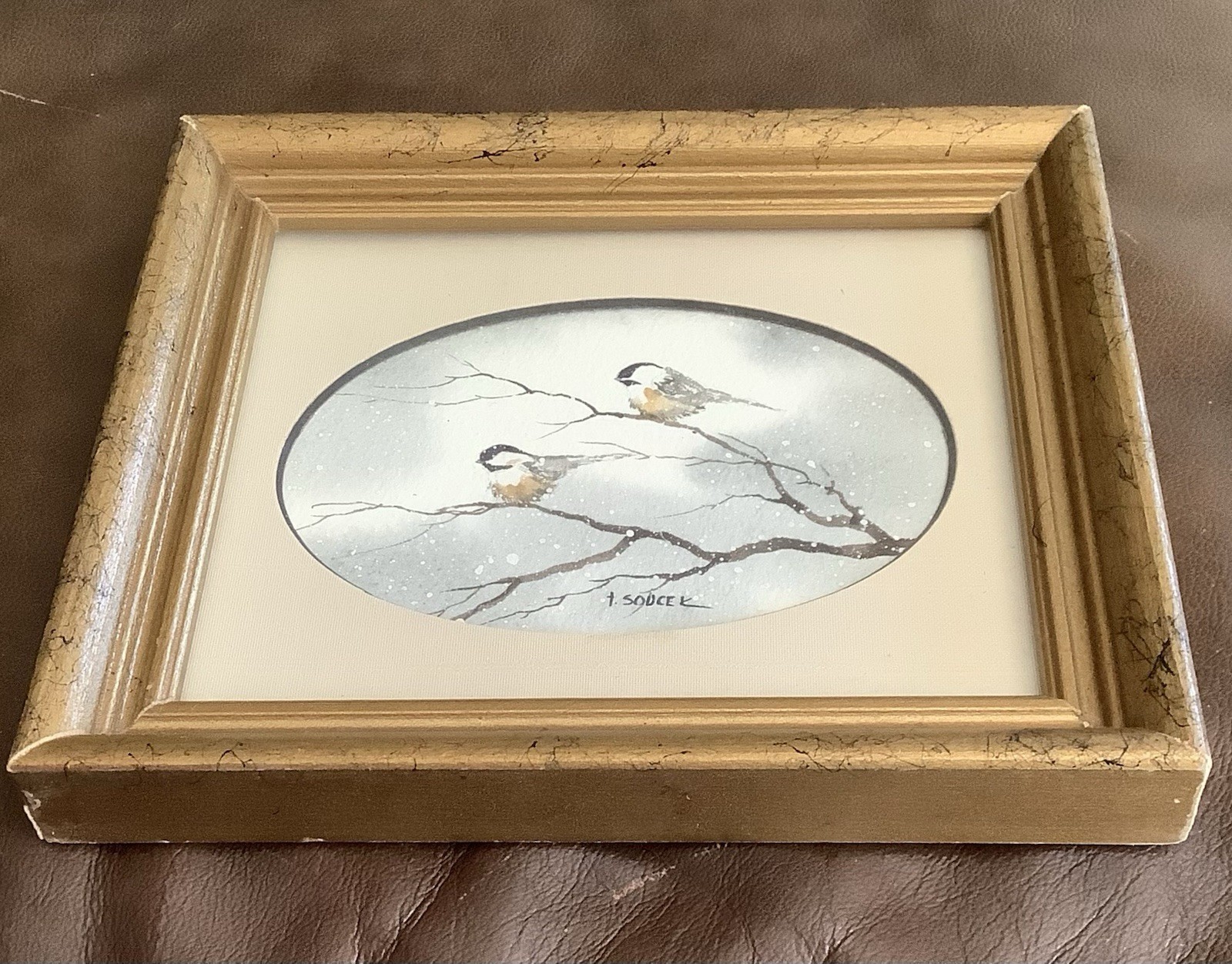 T Sources Framed Chickadee Bird Watercolor Painting Wall Art Signed Small