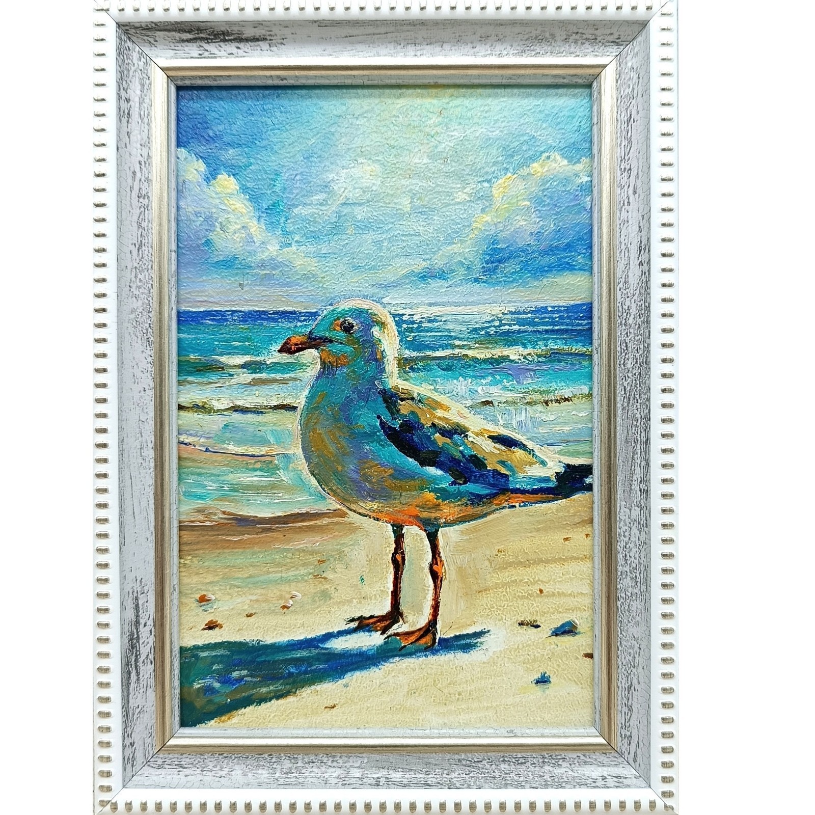 Seagull Oil Painting Original Framed Signed Beach Sea Bird Art 6×4
