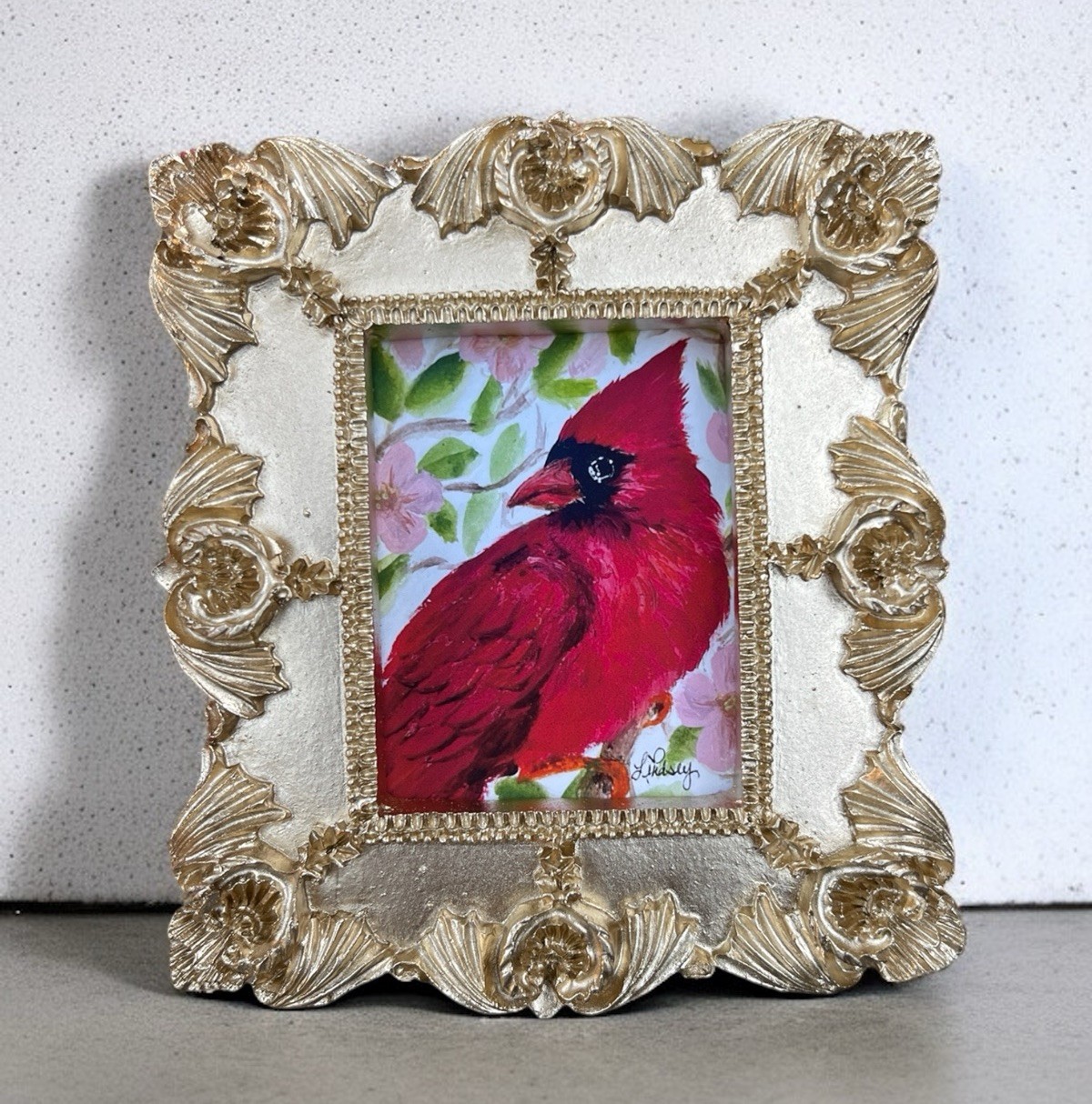 Red Cardinal bird watercolor print in mini gold vintage style ornate frame