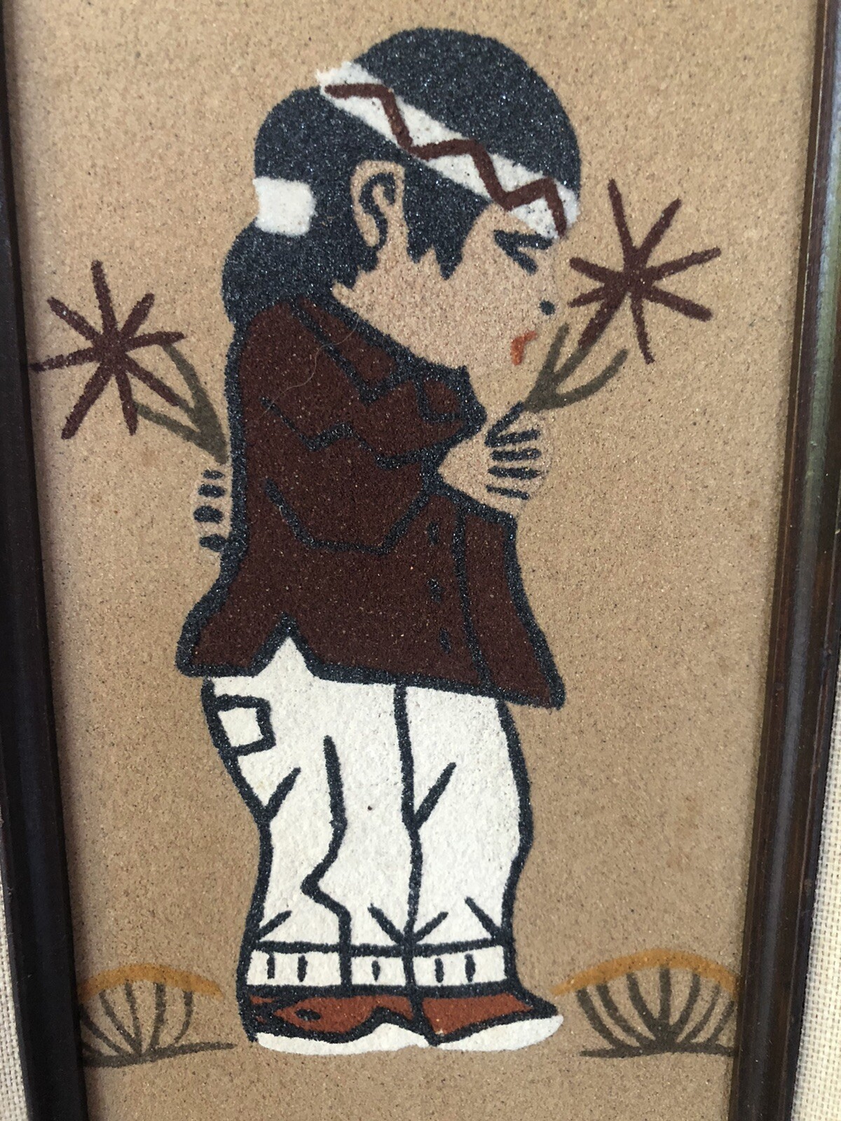 Vtg Navajo Boy Sand Painting Carved Wood Frame 13″ x 9″ Artist Signed