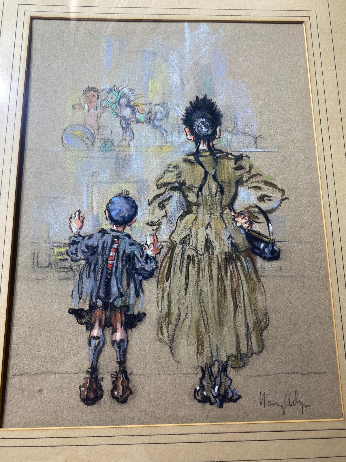Nancy A. Dyer (1903 – 1979) «Temptation At The Toy Shop.. » Mixed Media Painting