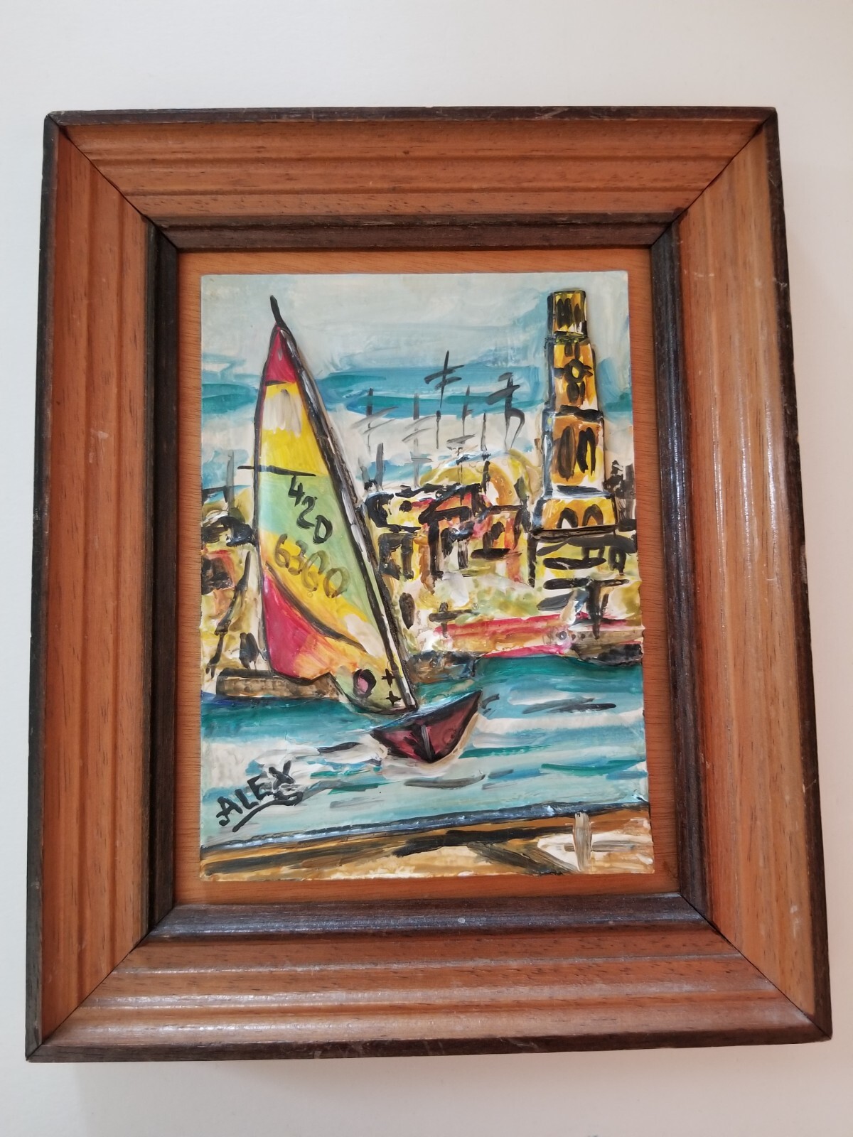 Vintage Sailing Oil painting, 7.25 x 5 inch by Alex