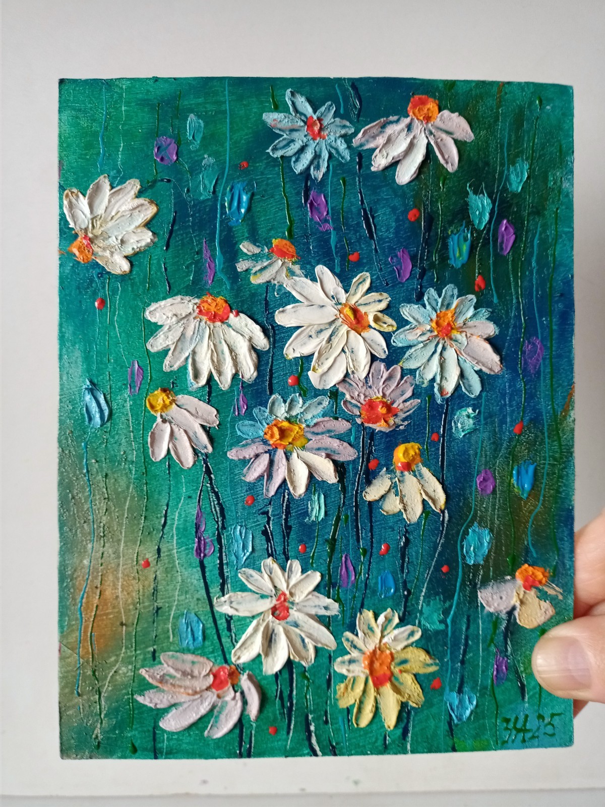 Daisies Impasto Painting Original Art Impression Oil Painting 7.8 x 6 in