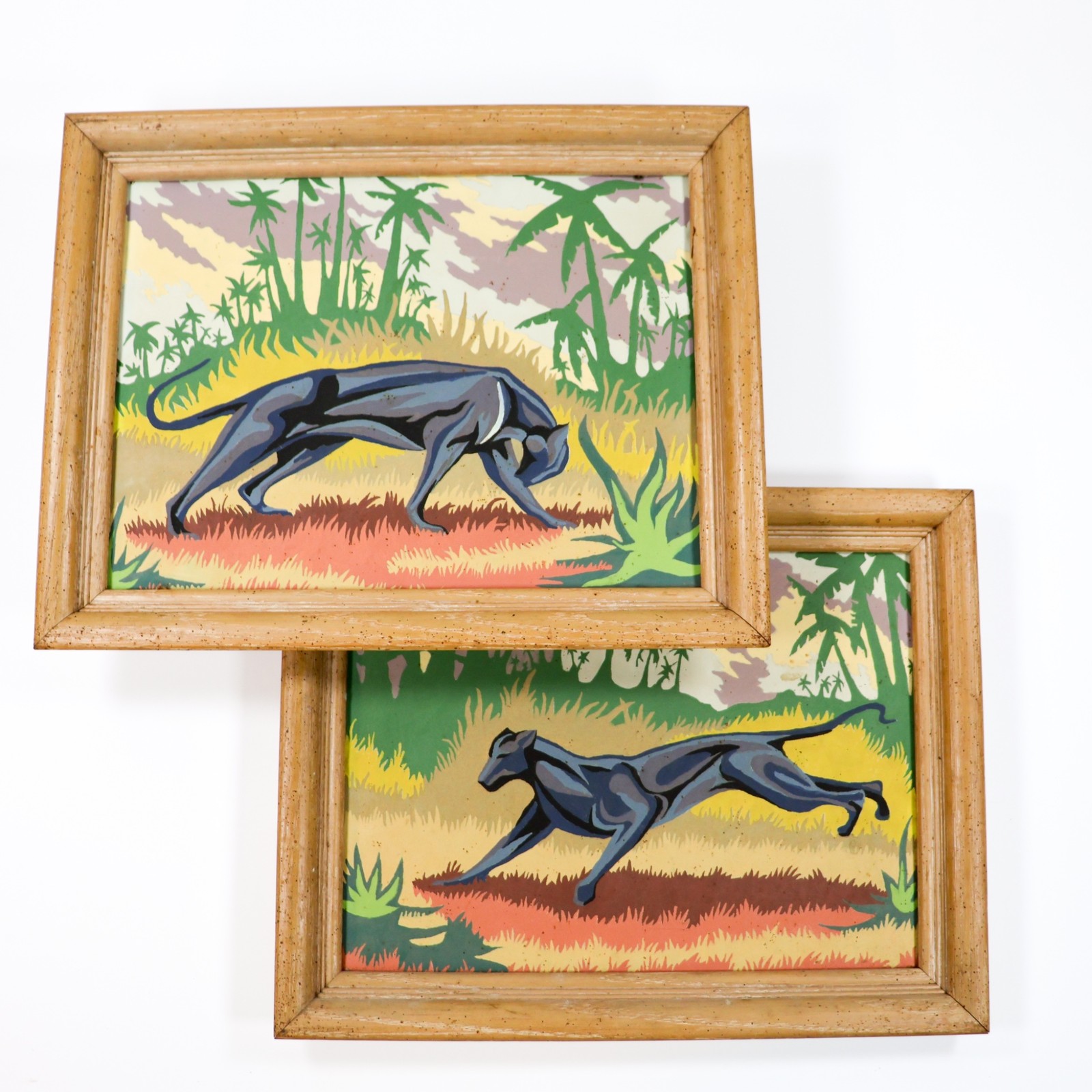 Vtg Paint by Number 1950s MCM Black Panthers Big CATS MidCentury Modern PAIR