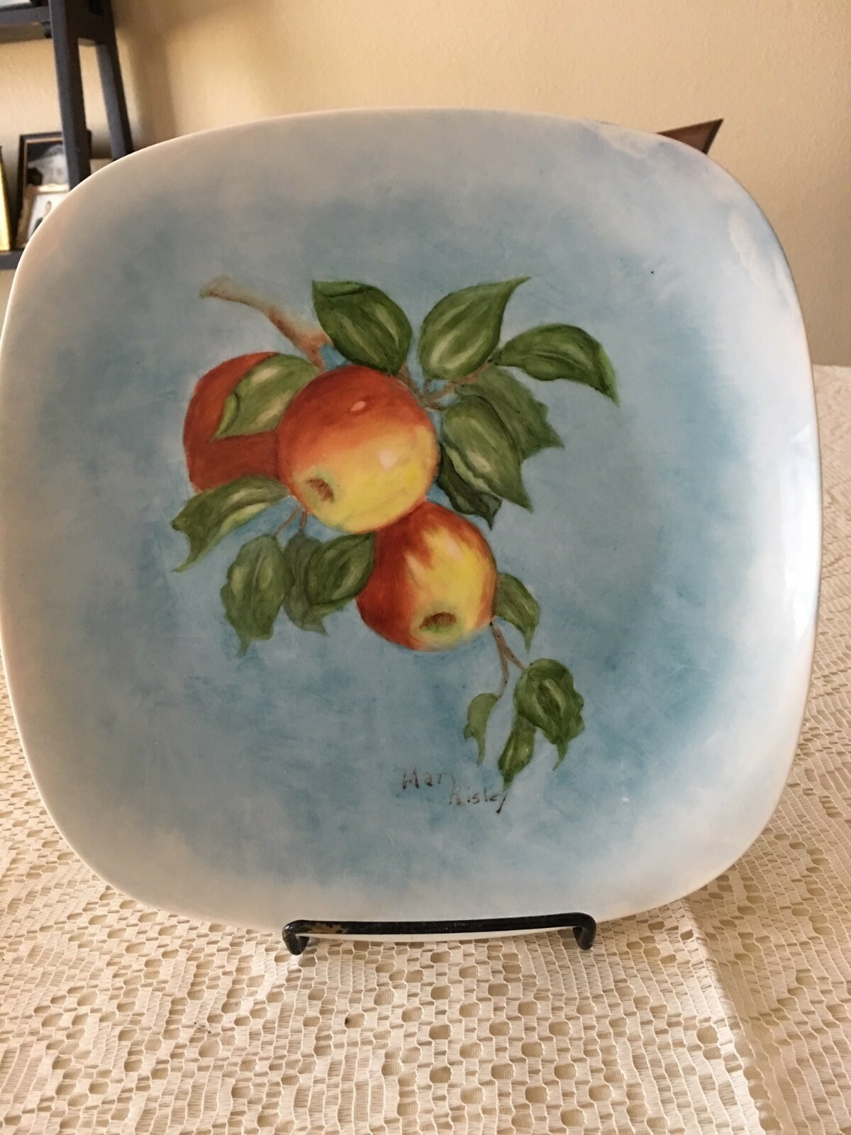 Hand painted china plate. Apples. 10″ square plate, rounded. Dishwasher safe
