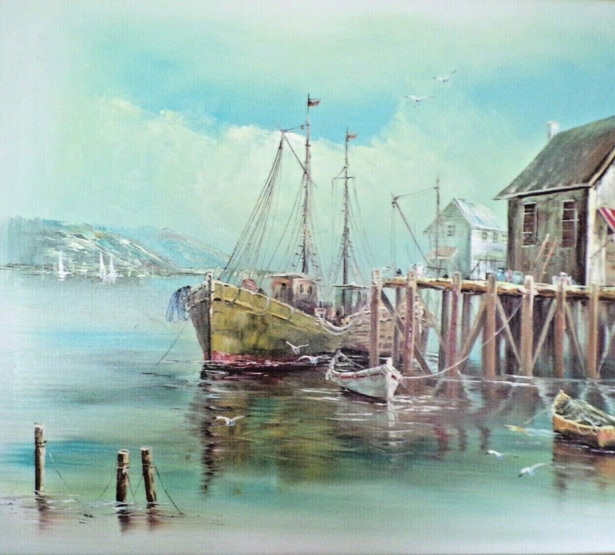Original Hand Painted Framed Oil Painting Of N.E. Fishing Harbor By John Luini