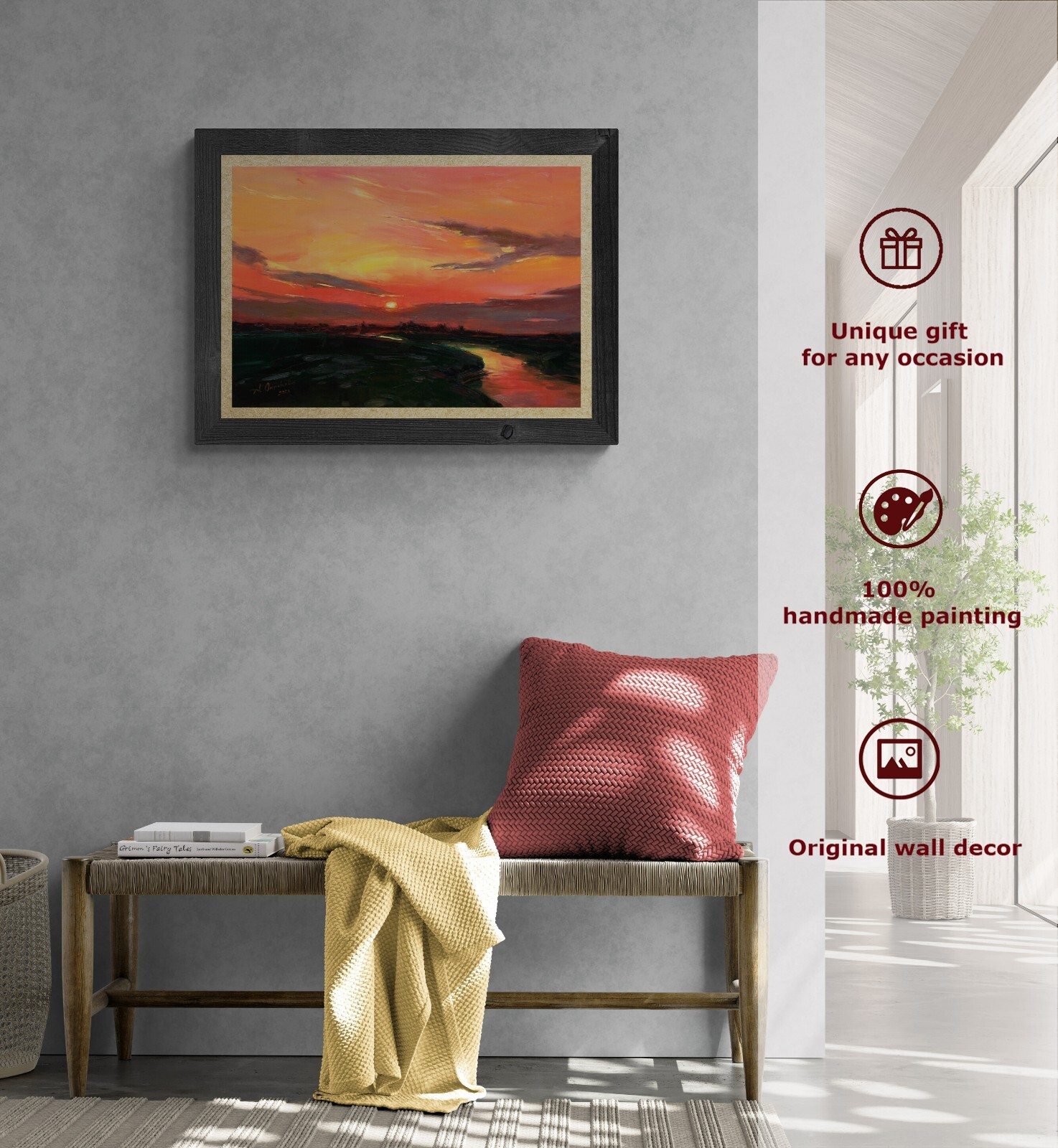 Sunset river painting IMPRESSIONISM original art Oil on canvas by A Onipchenko