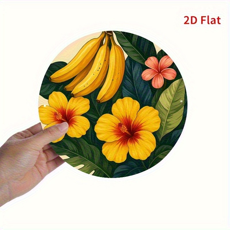 Tropical Banana Hibiscus Round Aluminum Wall Art 78Inch Vibrant