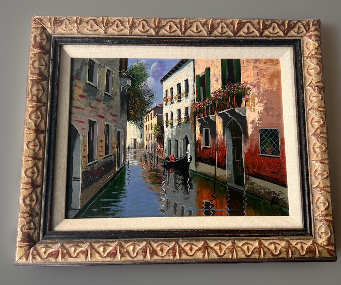 Vintage Venice Canal Oil Painting Framed Italian Landscape Gondola Impressionist