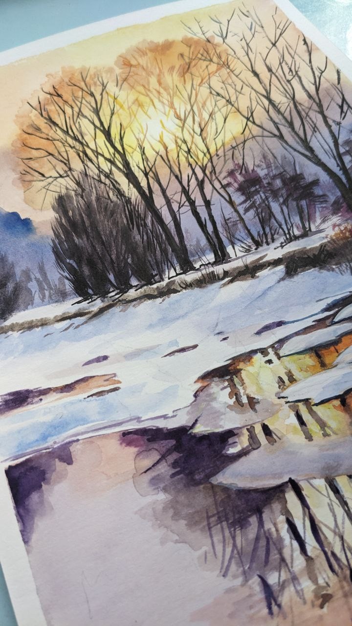 Winter Sunset Landscape Watercolor Painting Snowy Lake Ice Piver Original Art A4