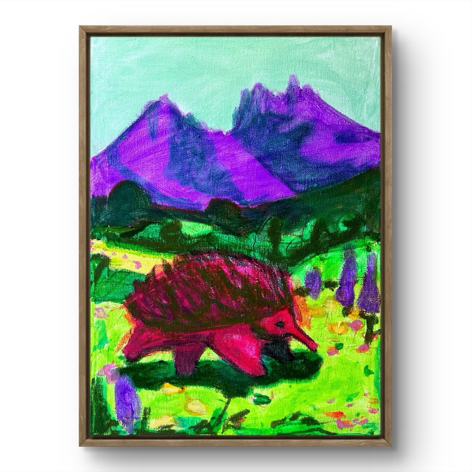 PORTIA Original Echidna Running Mountains Bright 11×14” Canvas Painting Tasmania