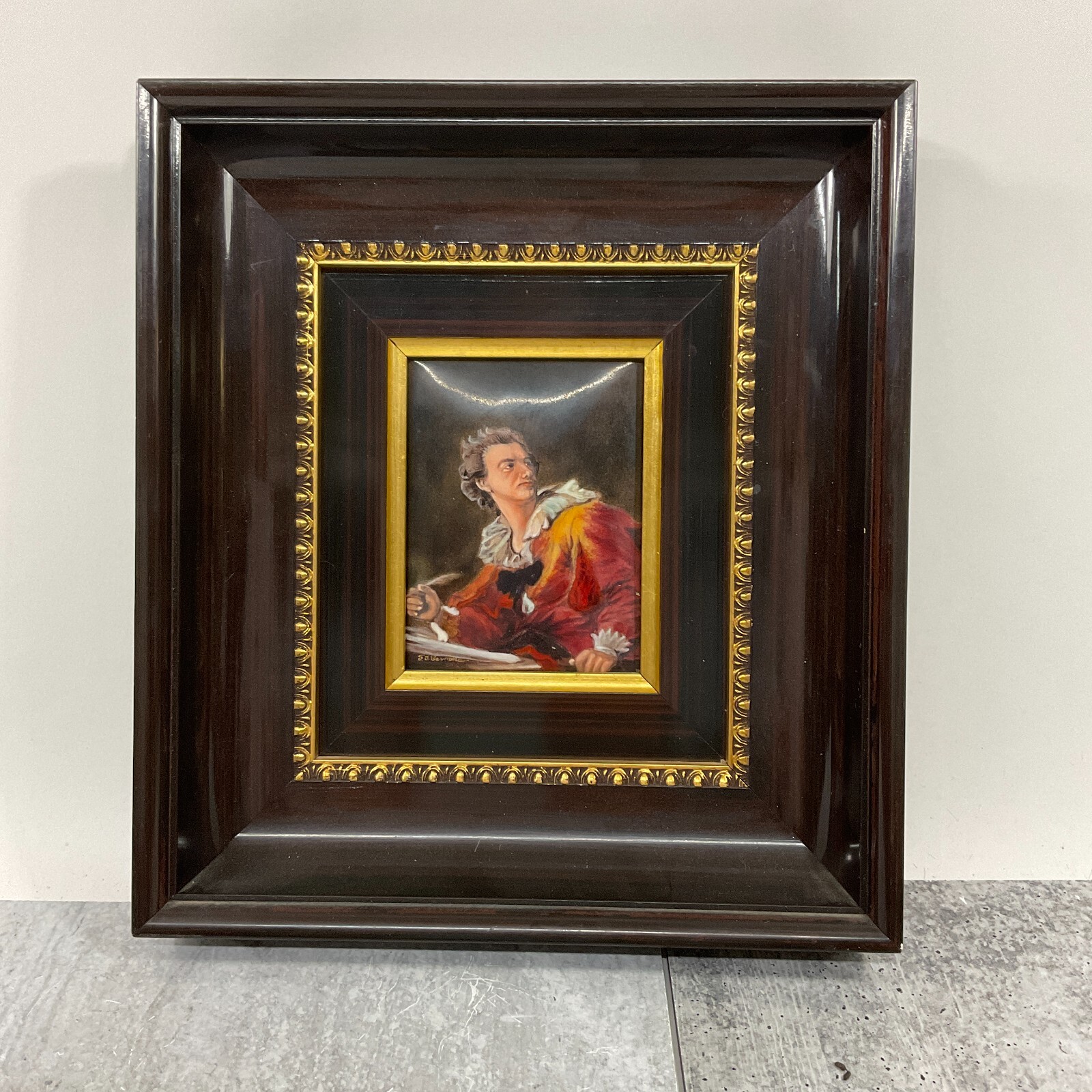Vintage French Enamel Limoges F.J. Carmona Portrait Painting Rosewood Frame