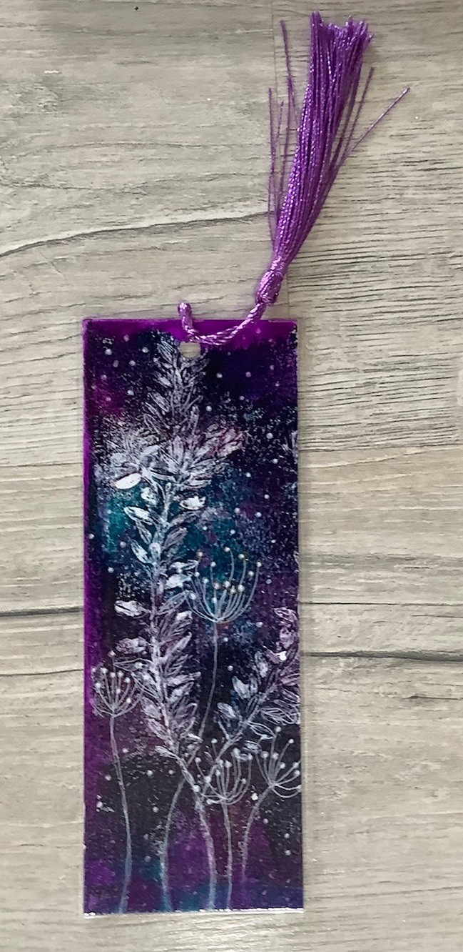 Bookmark laminated Original Gelli Print With Ink Flowers 6cm X 16cm Tassel