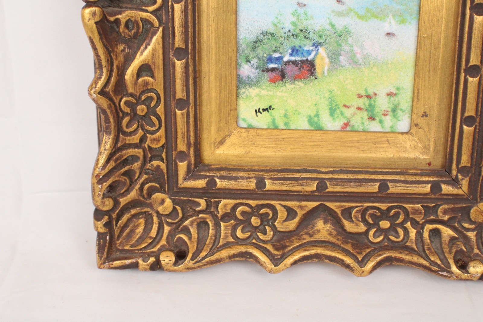 Vintage Farmhouse Landscape Enamel On Copper Painting Gilded Frame Signed Kaye