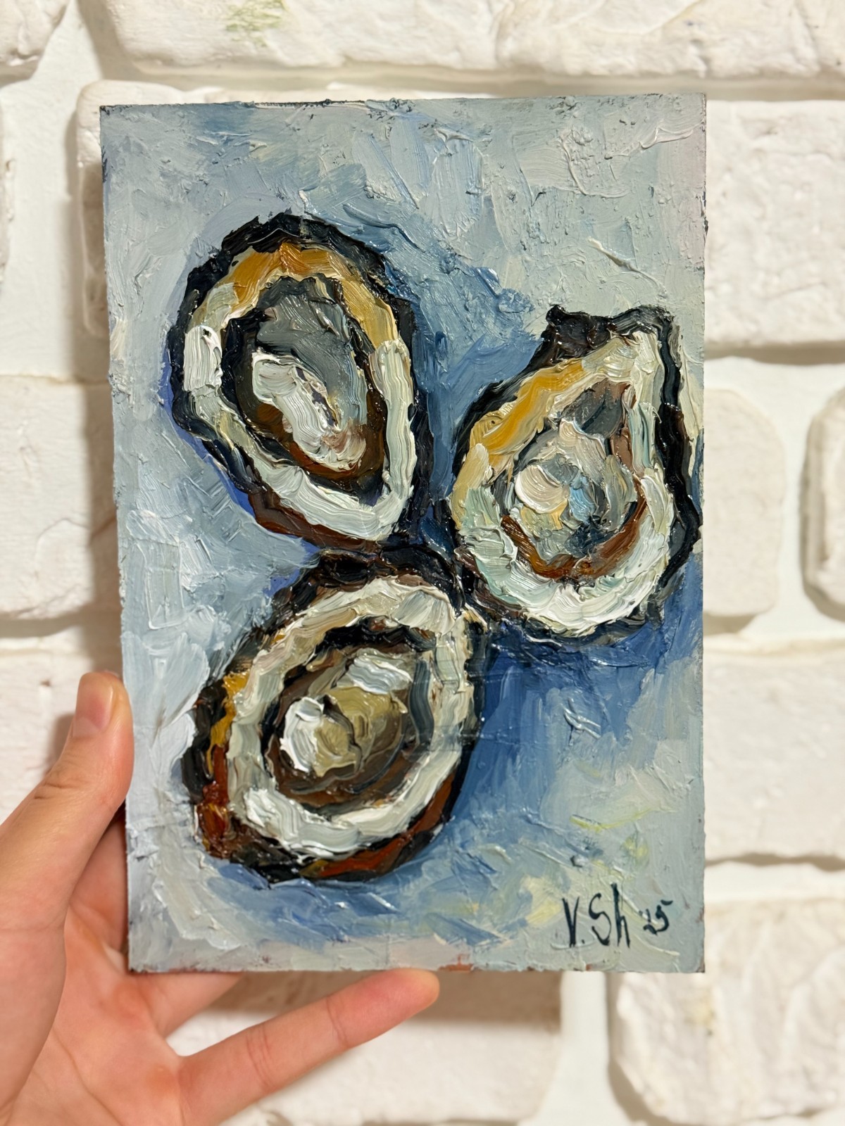 Oysters Original Oil Painting Fish Seafood Art Still life Kitchen Signed 8×5.5