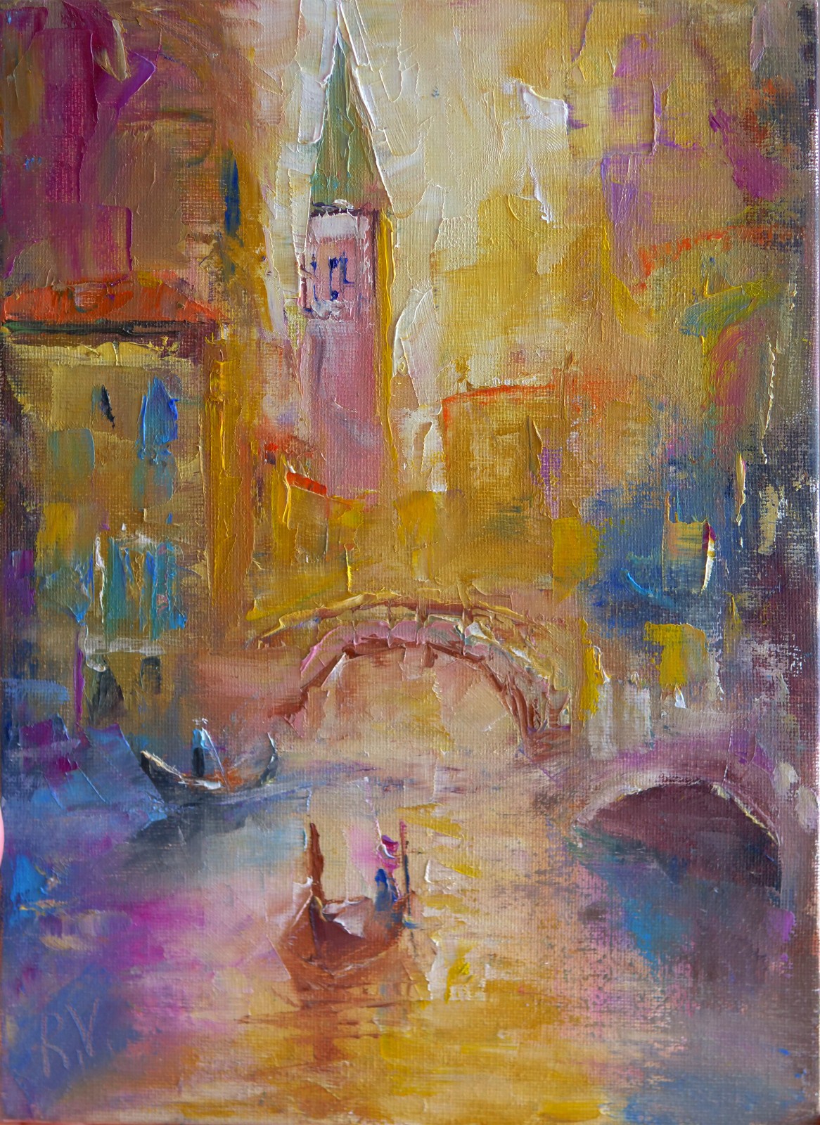 Venice Canal Sunrise Oil Painting Impasto 8×12″ Gondolas Palette Knife Original
