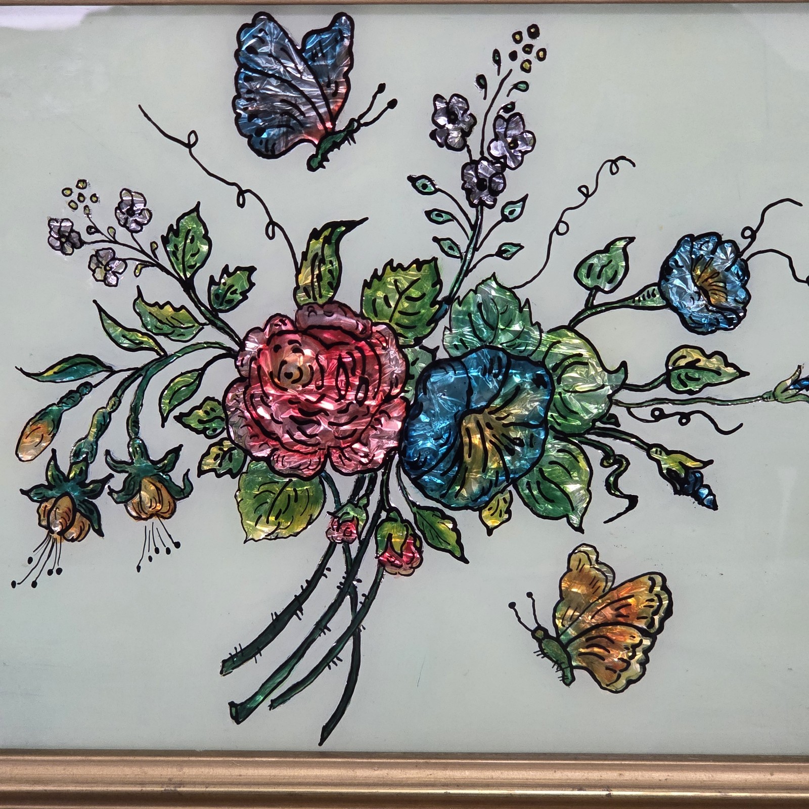 Vintage Tinsel Reverse Glass Painting Gold Gesso Wood Frame Floral Butterfly
