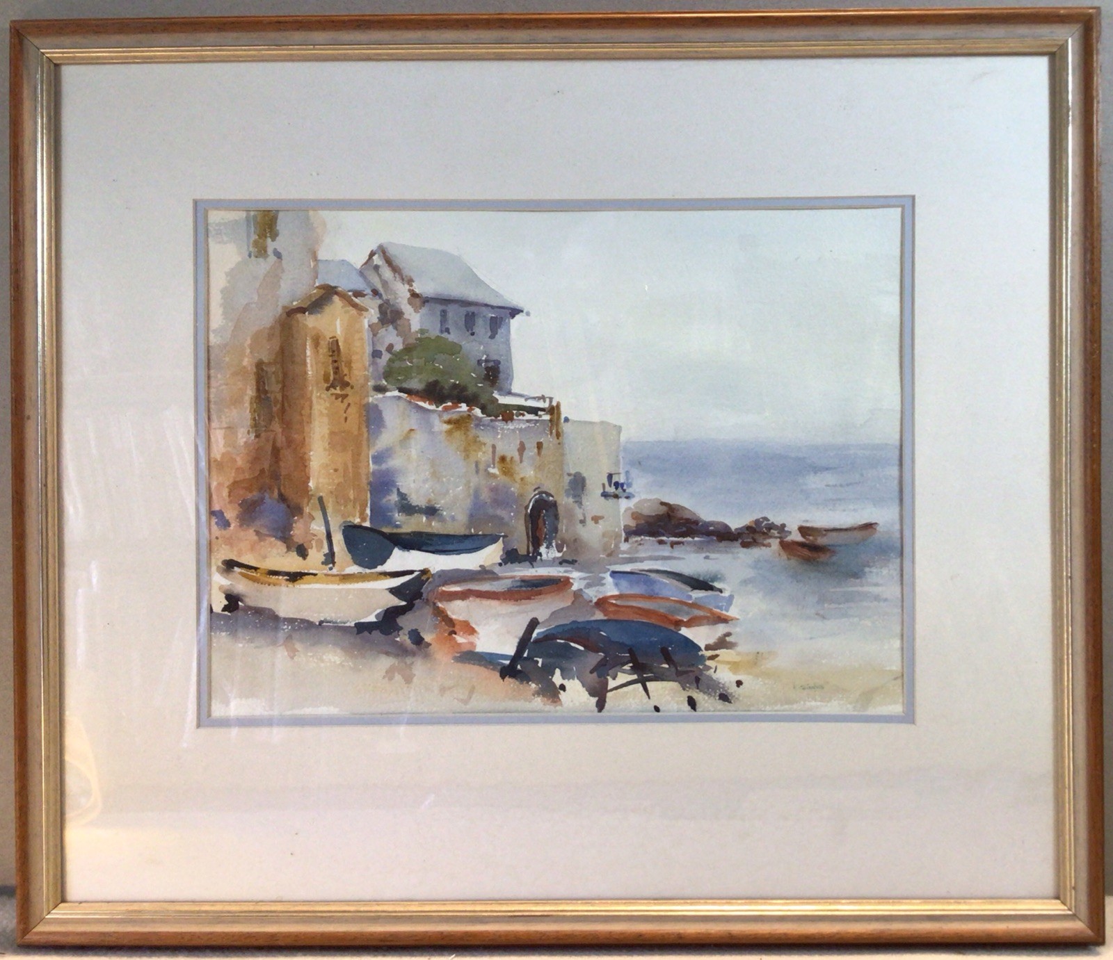 Artist Forbes Fishing Boats At Harbour Framed Watercolour Painting 1980s