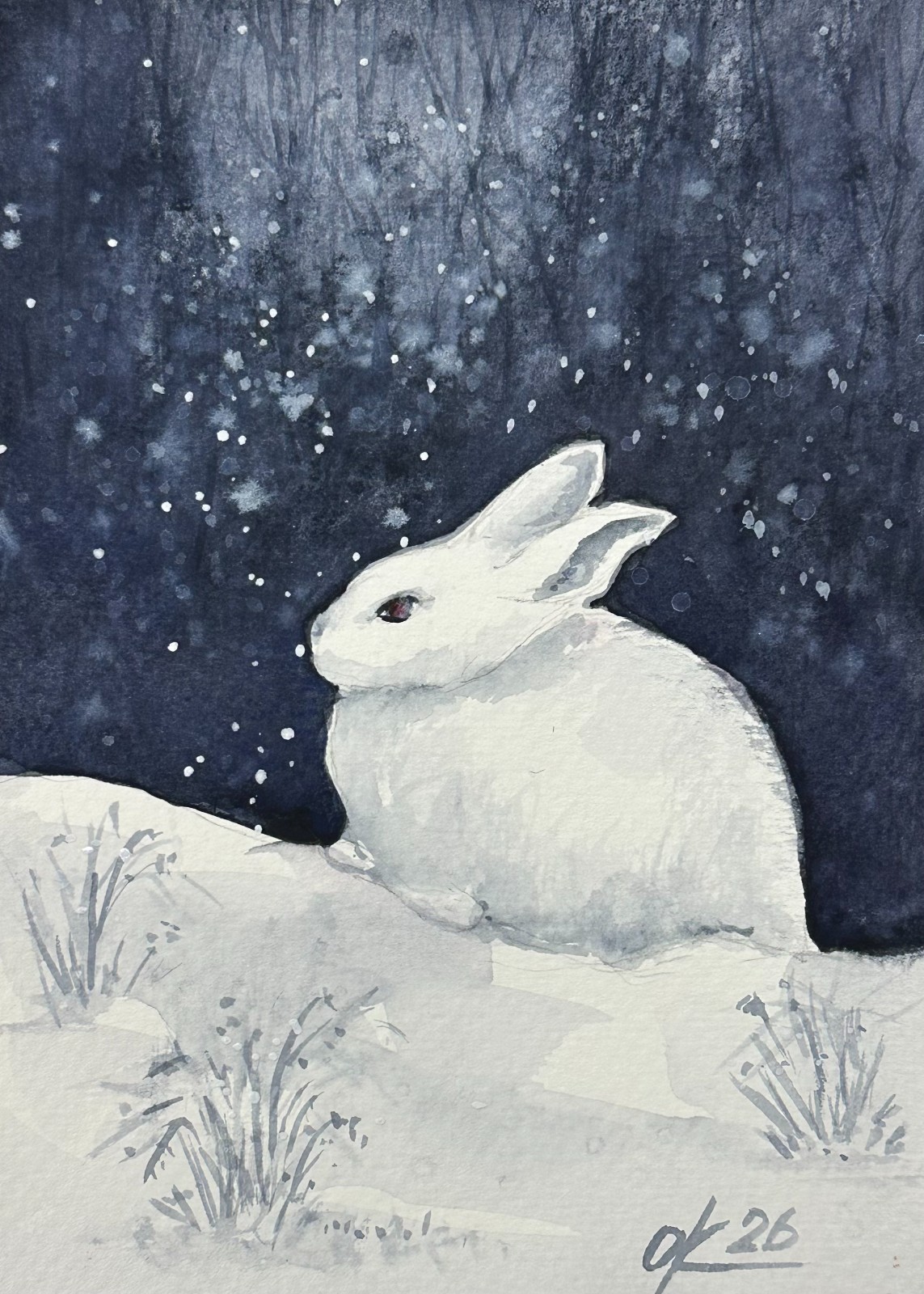 Little bunny in the winter forest, Rabbit fluffy white animal 24*16 cm