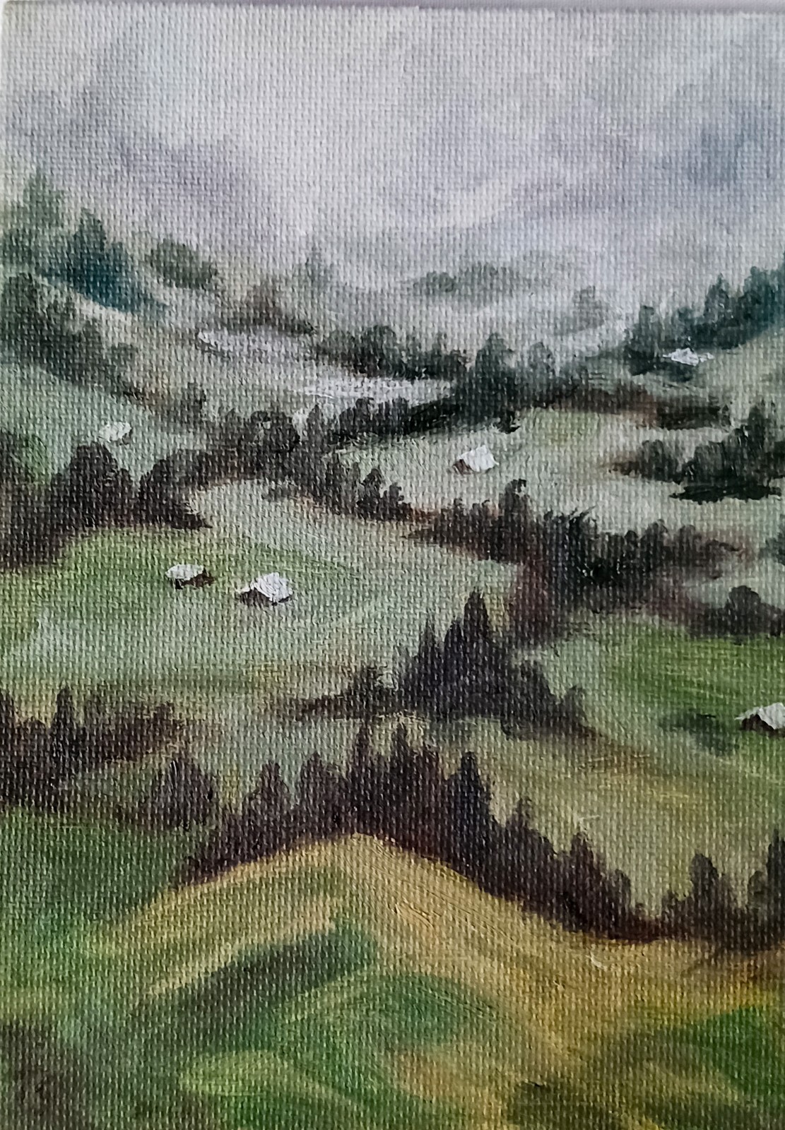 ORIGINAL Oil Painting Impressionism Foggy Mountains Moody Landscape 5″ x 7″