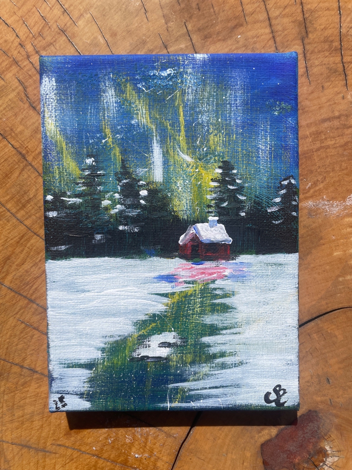 Aurora Borealis Winter Scene Hand-Painted Canvas Art 7″ x 5″ Miniature