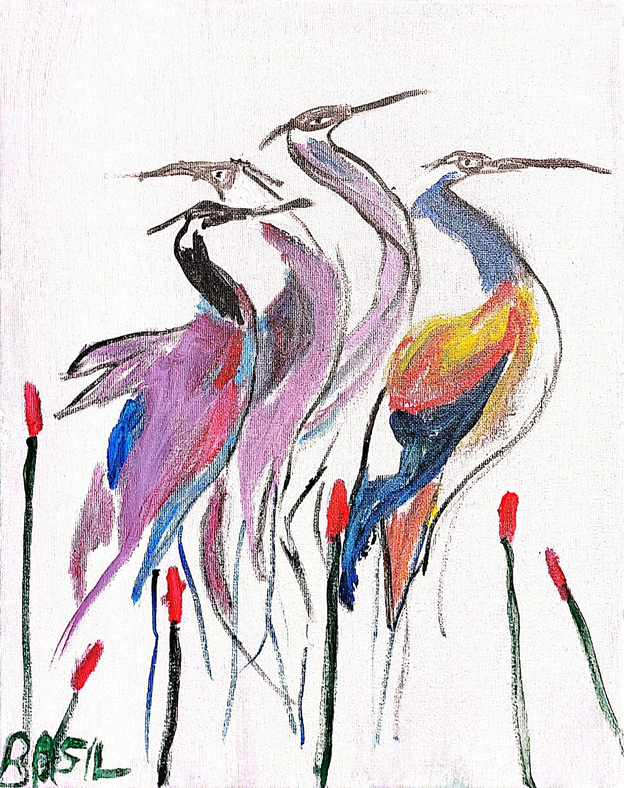 Four Cranes Abstract Expressionist Original Painting Canvas