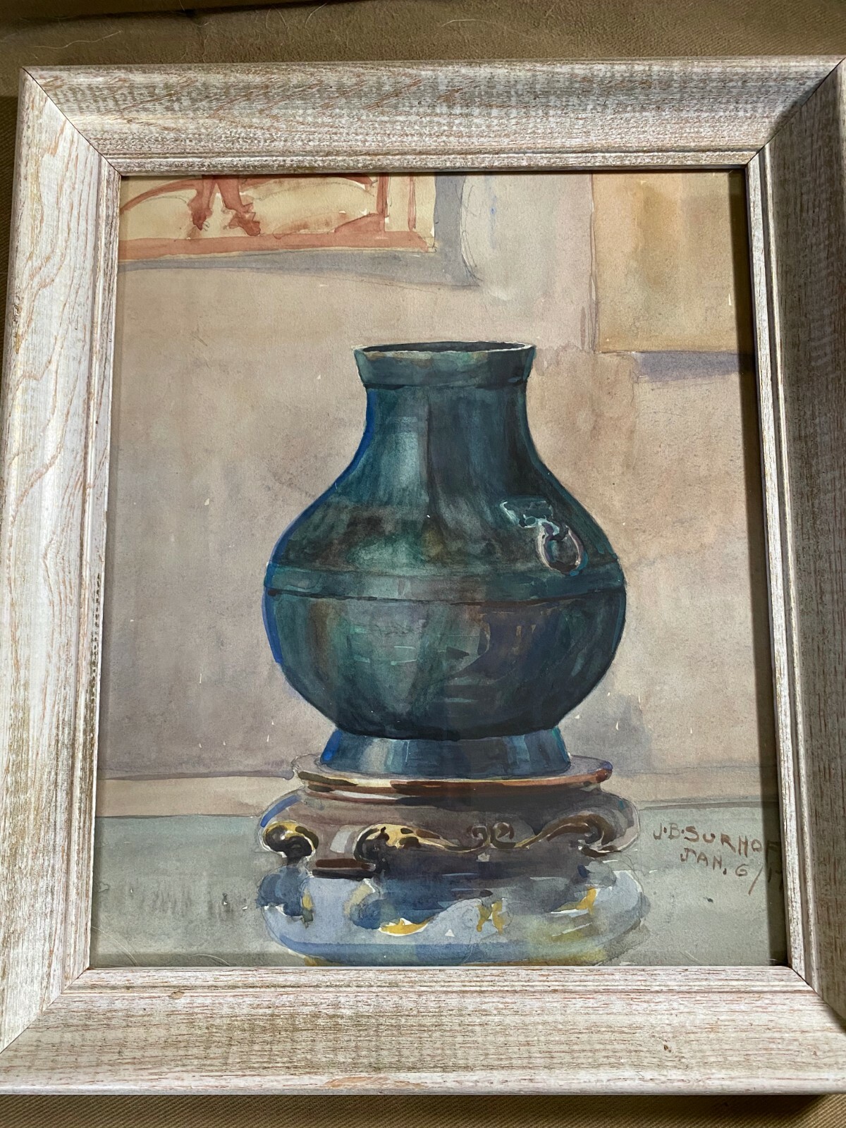 Antique John Surhoff (1868 -1935) «Asian Vase Scene» Watercolor Painting -Framed