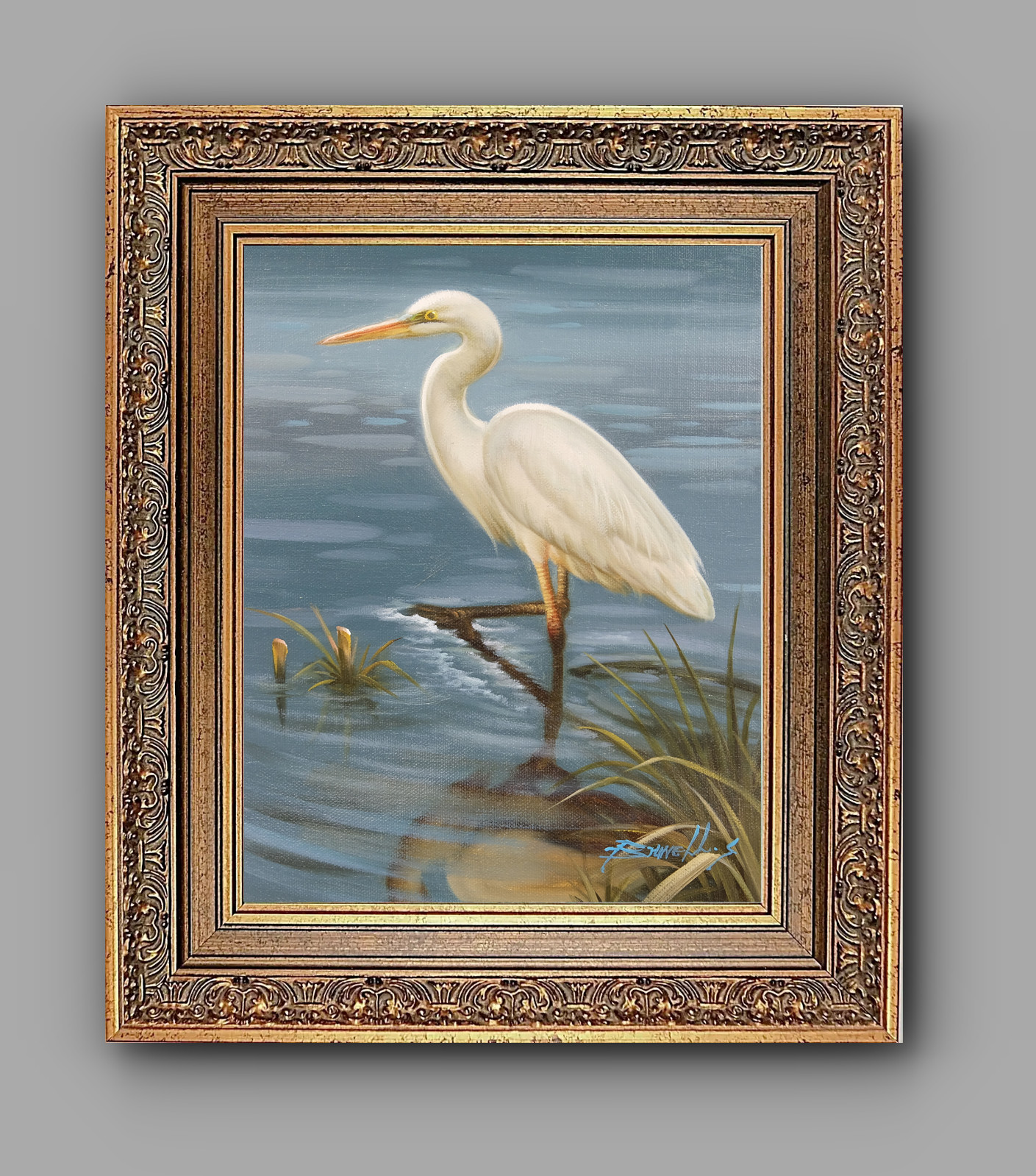 Framed Oil Painting, White Heron Portrait– Wall Art, Korean Artist Signed