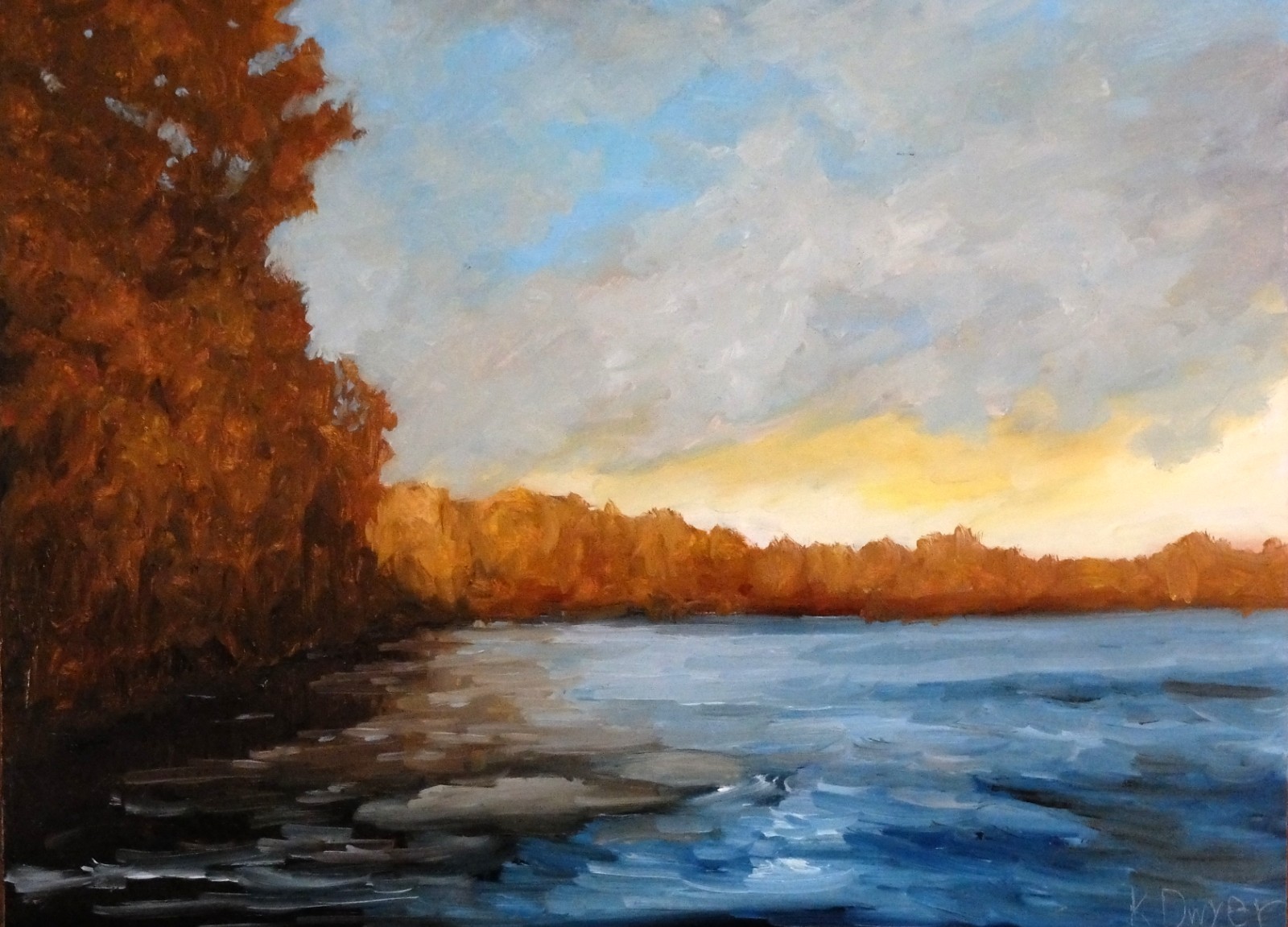 Original landscape oil painting, autumn, river, new, signed
