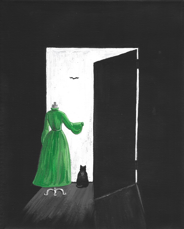 ACEO PRINT OF PAINTING RYTA BLACK CAT HALLOWEEN CROW Ghost Folk Art Costume 🎃