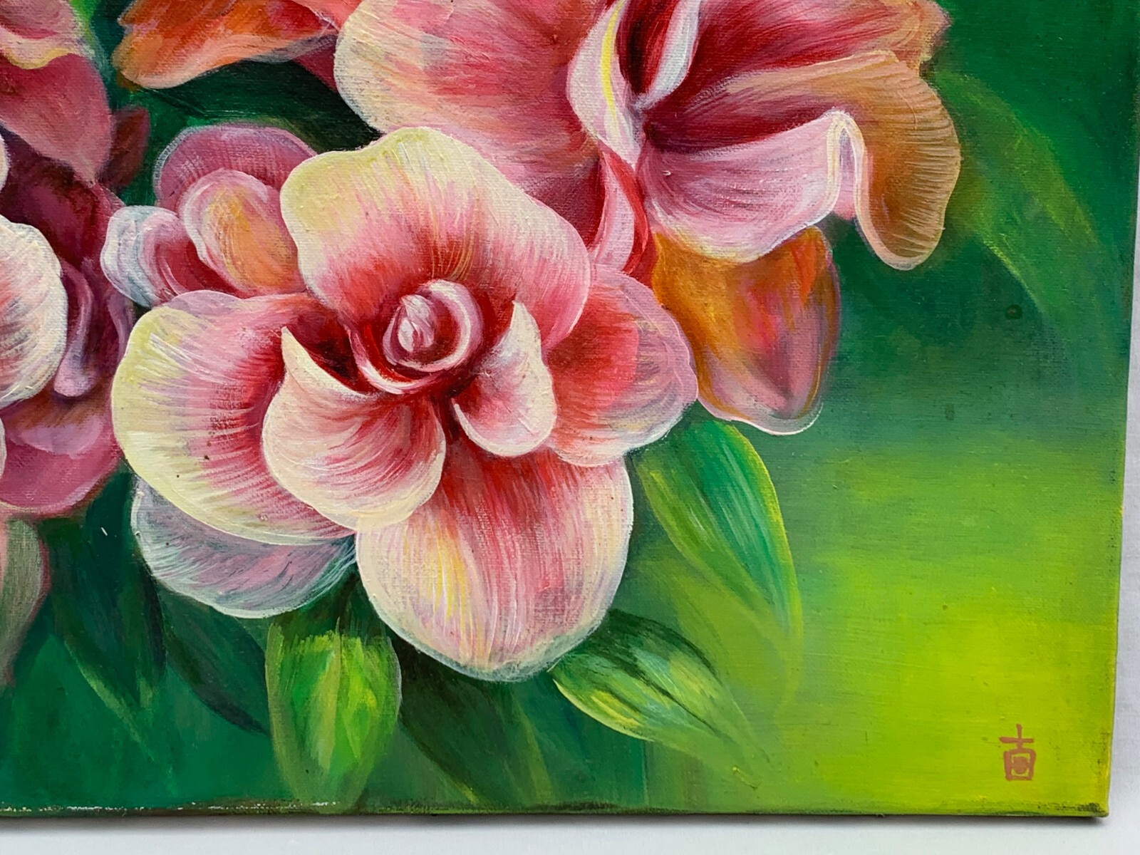 TROPICAL PINK FLOWERS OIL PAINTING ASIAN CHINESE JAPANESE SIGNED ORIGINAL FLORAL