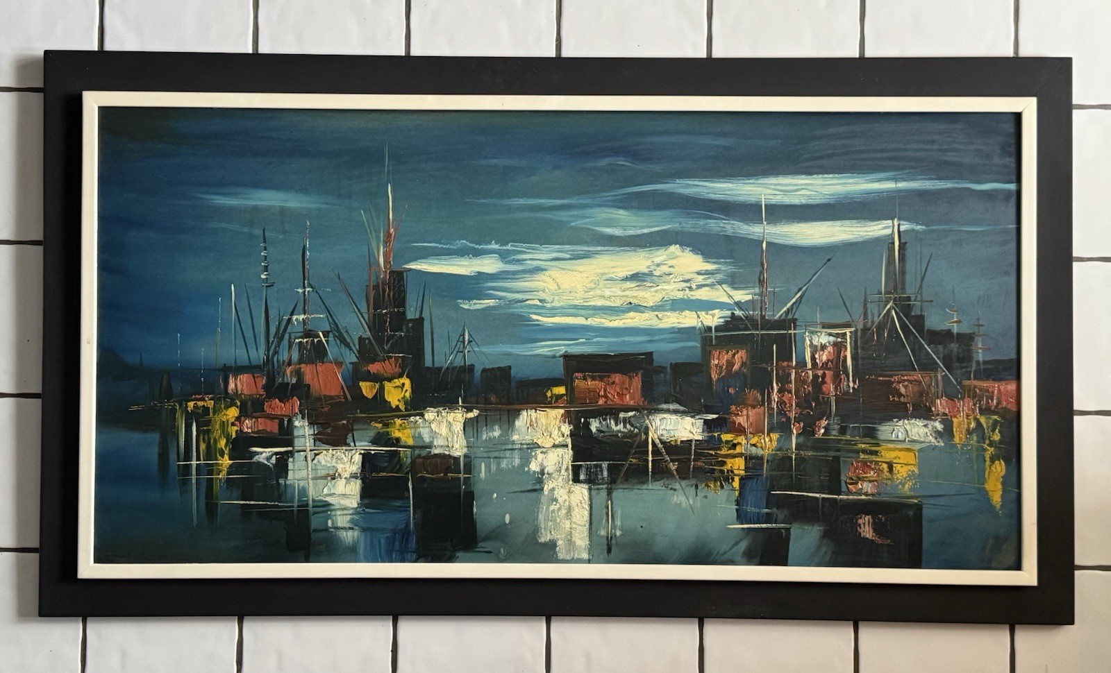 1960s-70s Mid Century Impressionist 53”x29” Harbor Ship Ocean Painting Finland