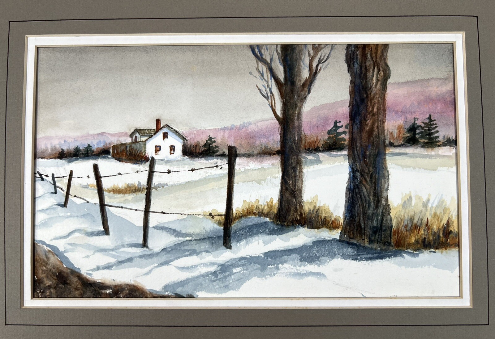 Vtg Watercolor Painting Barn In Winter Landscape Scene 12×16” Fine Art Snow