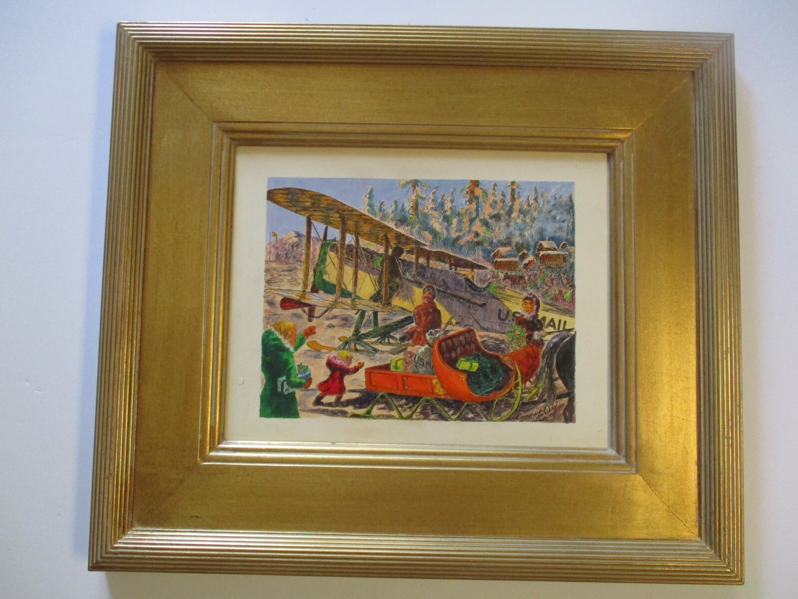 EUGENE CLAY PAINTING OLD AMERICAN AVIATION U.S MAIL PLANE LANDSCAPE VINTAGE