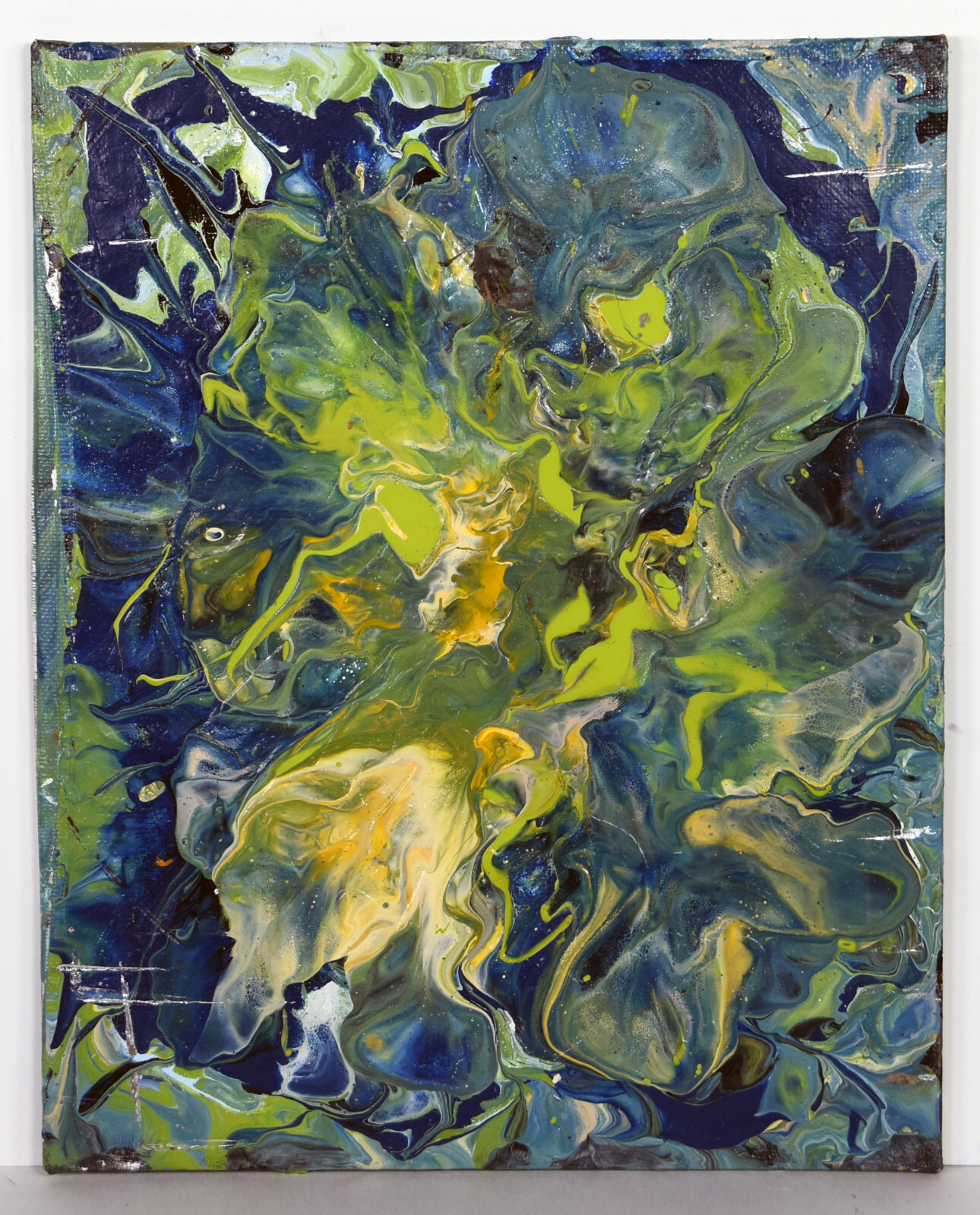 Contemporary Abstract Acrylic Fluid Pouring Painting Green Water Home Decor Art