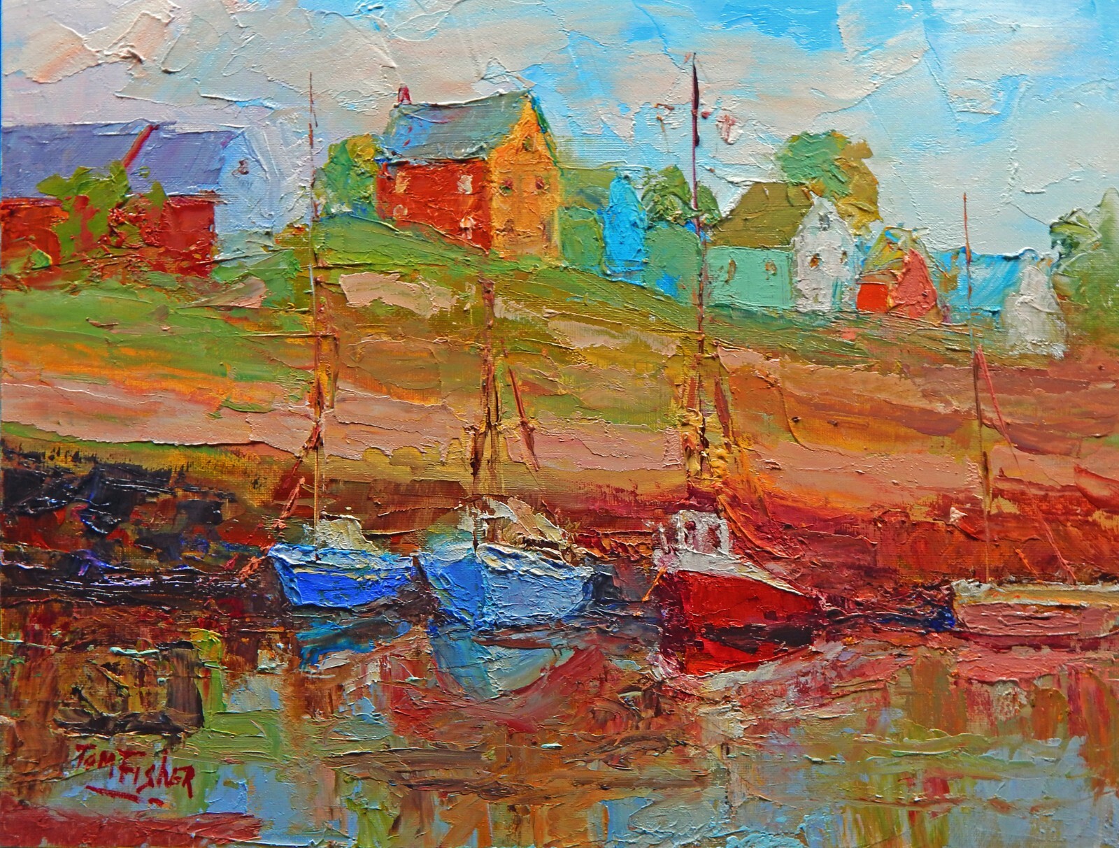 New England harbor boats realistic Impressionism Painting landscape paletteknife