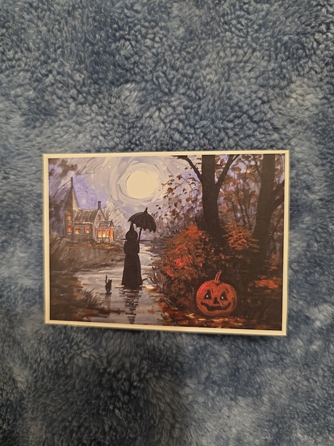 ACEO PRINT OF PAINTING RYTA HALLOWEEN BLACK CAT Folk Art house haunted Witch Jol