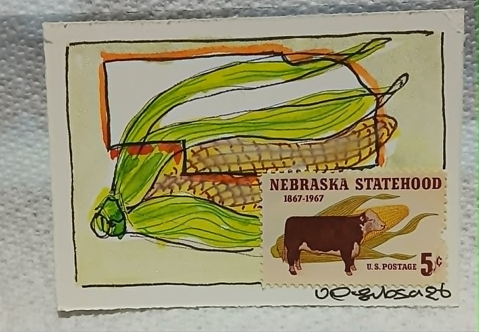 Postal Whimsy OOAK Nebraska Statehood 5¢ Stamp ACEO Corn Art by Virginia