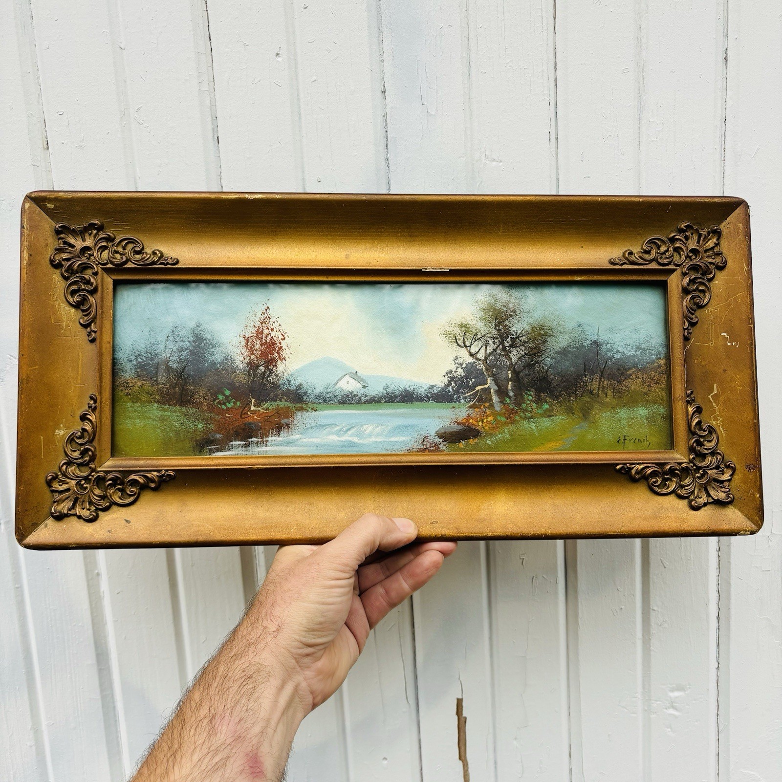 Antique Landscape Oil Painting Farmhouse Lake Scene Gilt Frame Signed E. French