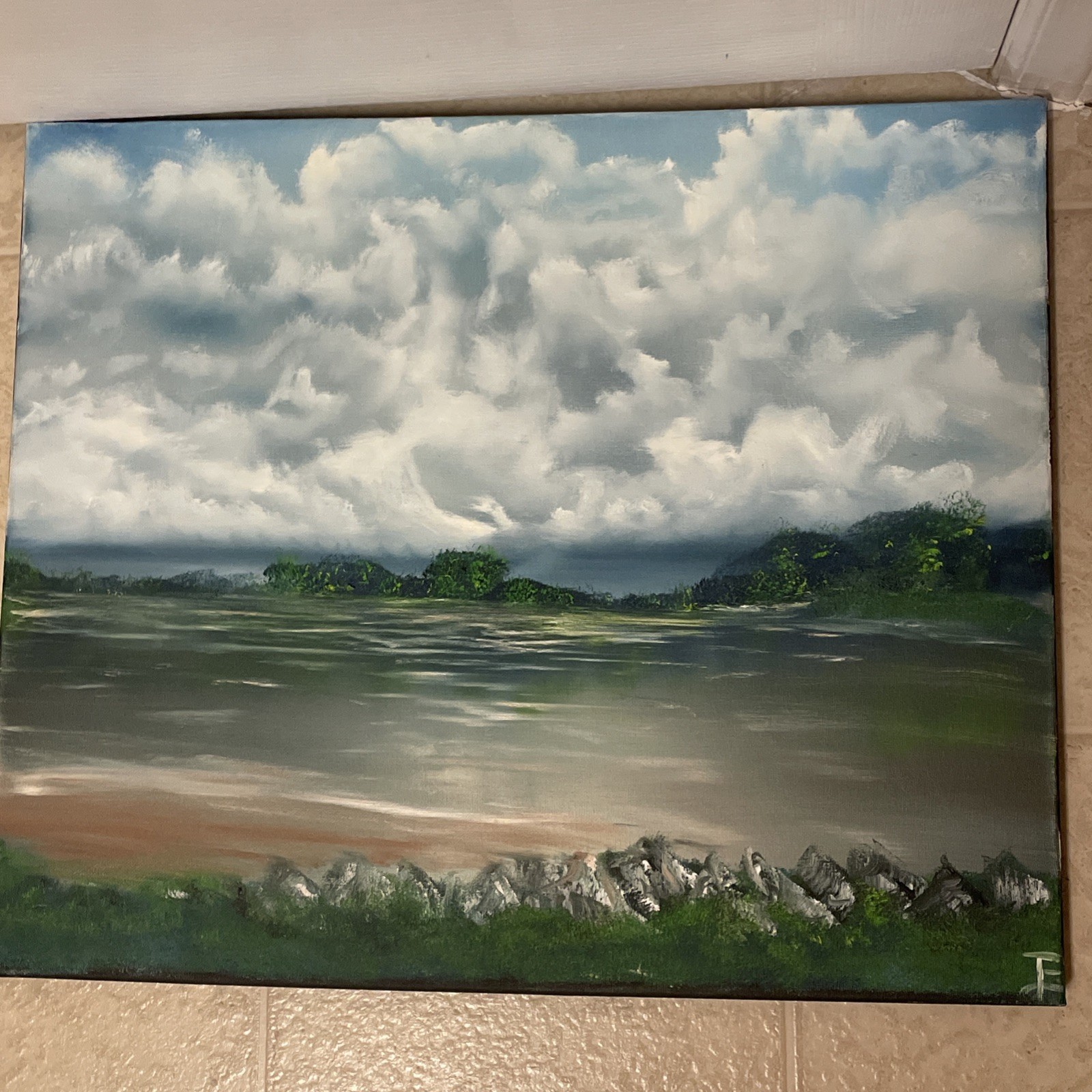 Oil Painting, impressionism, landscape, original, signed, Sky, blue clouds, Land