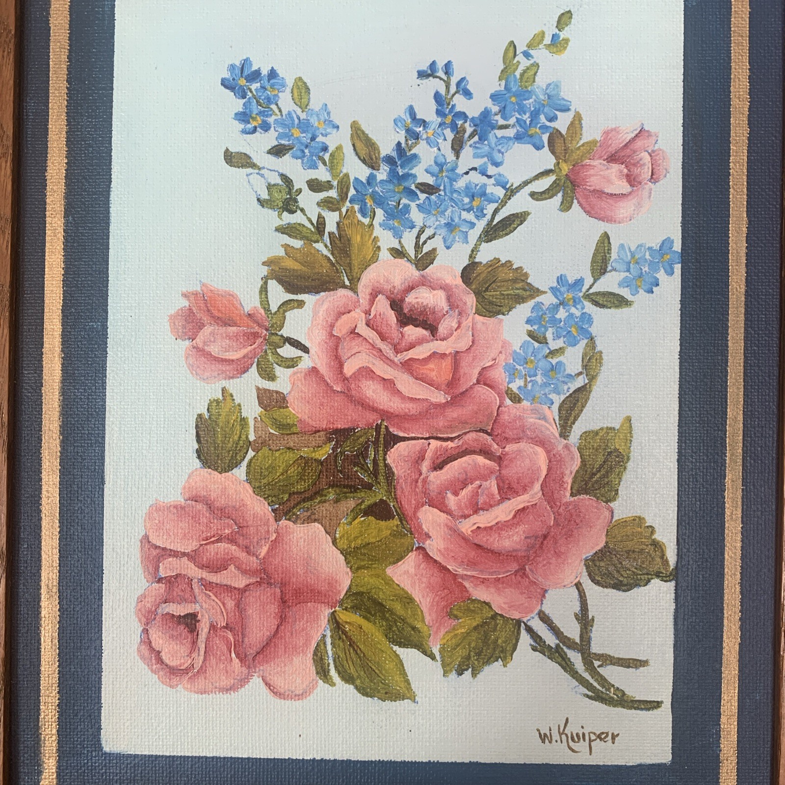 Vintage Oil Painting Roses Bouquet Canvas in Wood Frame 13 x 11 overall