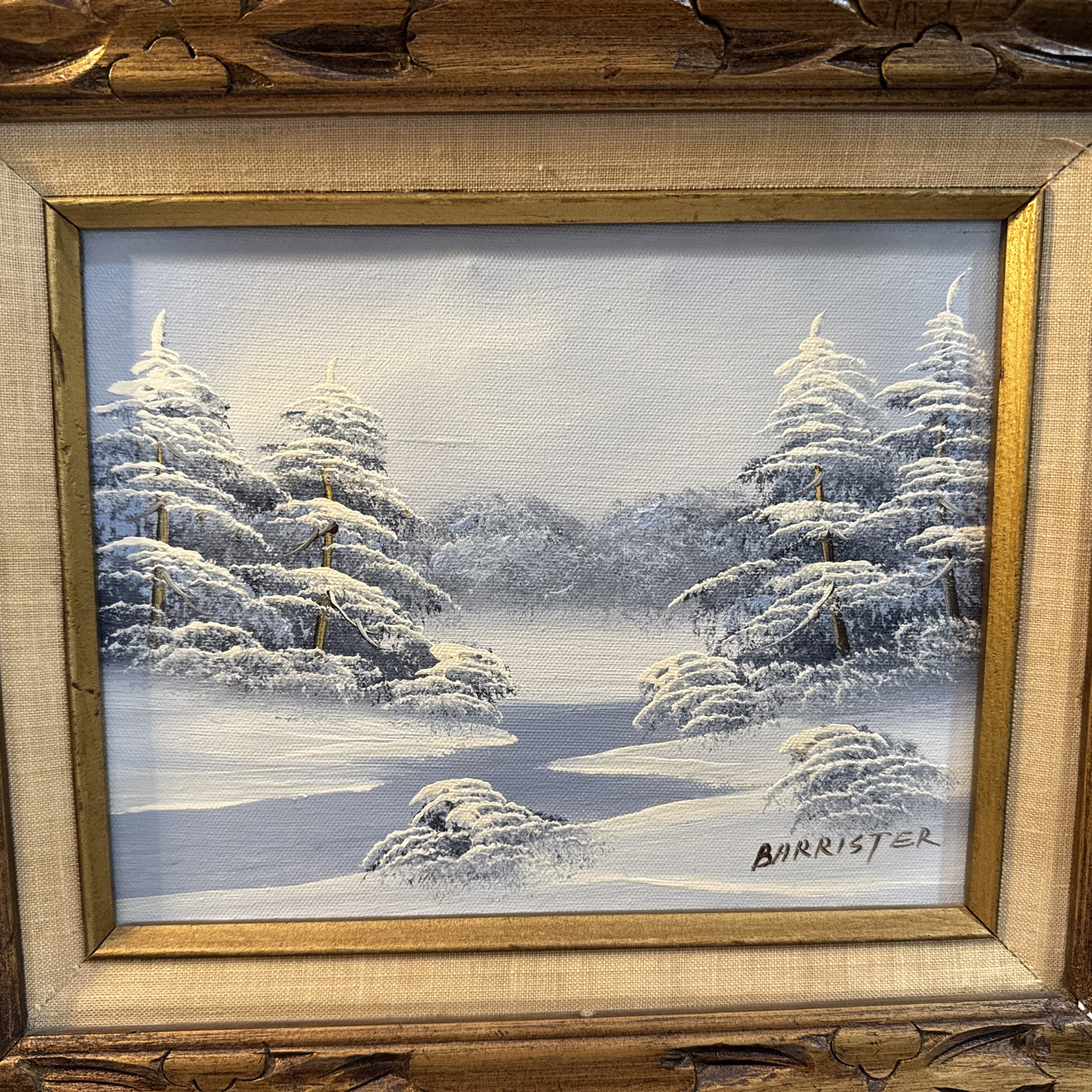 Vintage Signed Barrister Winter Scene With Gorgeous Handmade Frame 18×16 Total
