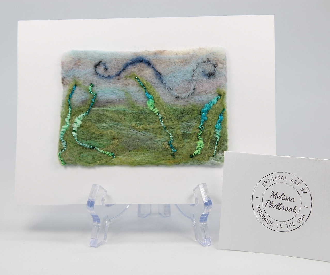 Wool Folk Art Painting «Windy Grass» Needle Felted Wool Card Melissa Philbrook