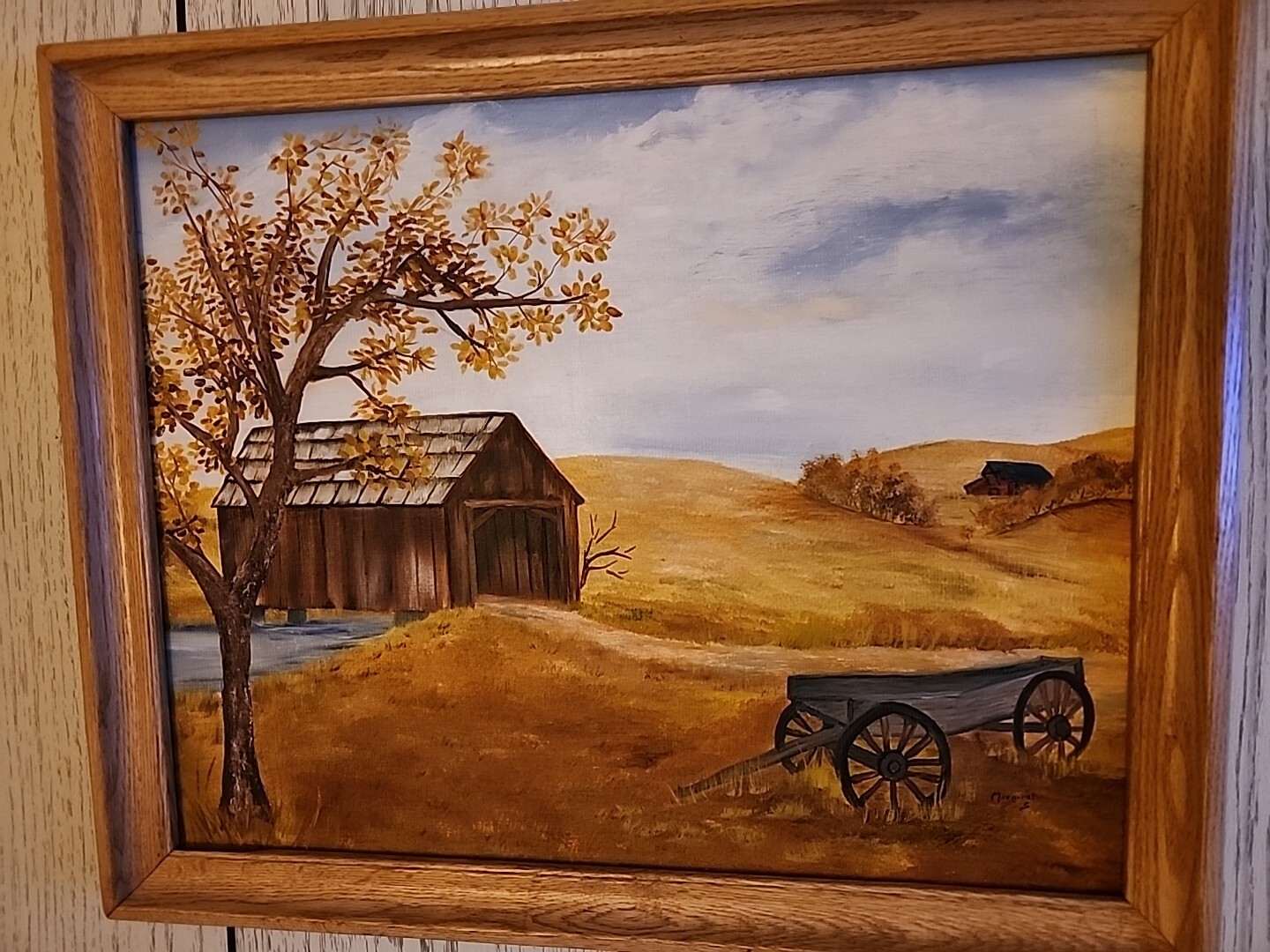 Vtg Wood FRAMED Painting Farm Still Life Wagon Rolling Hills Art Picture Signed