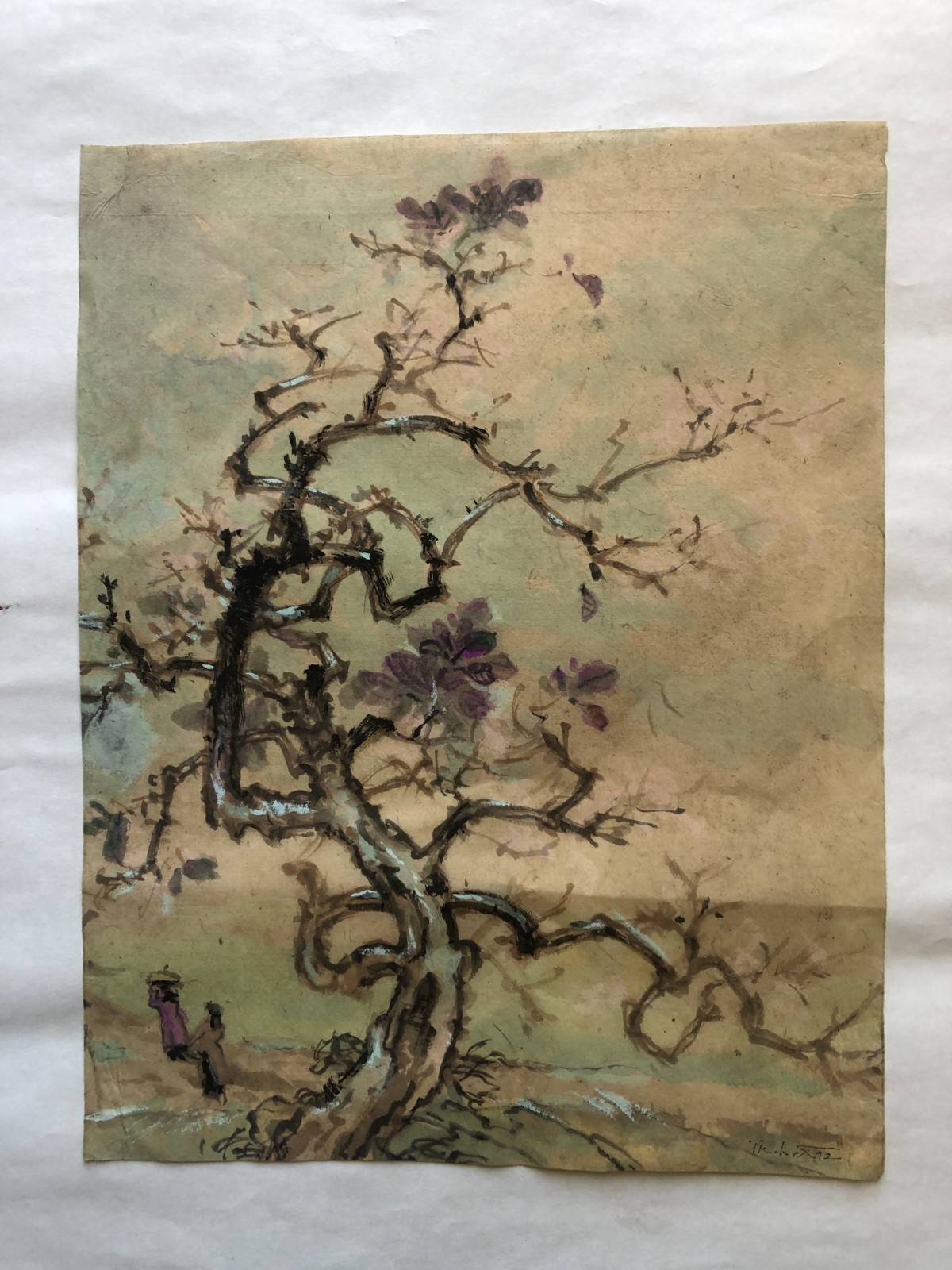 Hoa Tran watercolor painting Vietnam countryside Tree born 1937 UIA