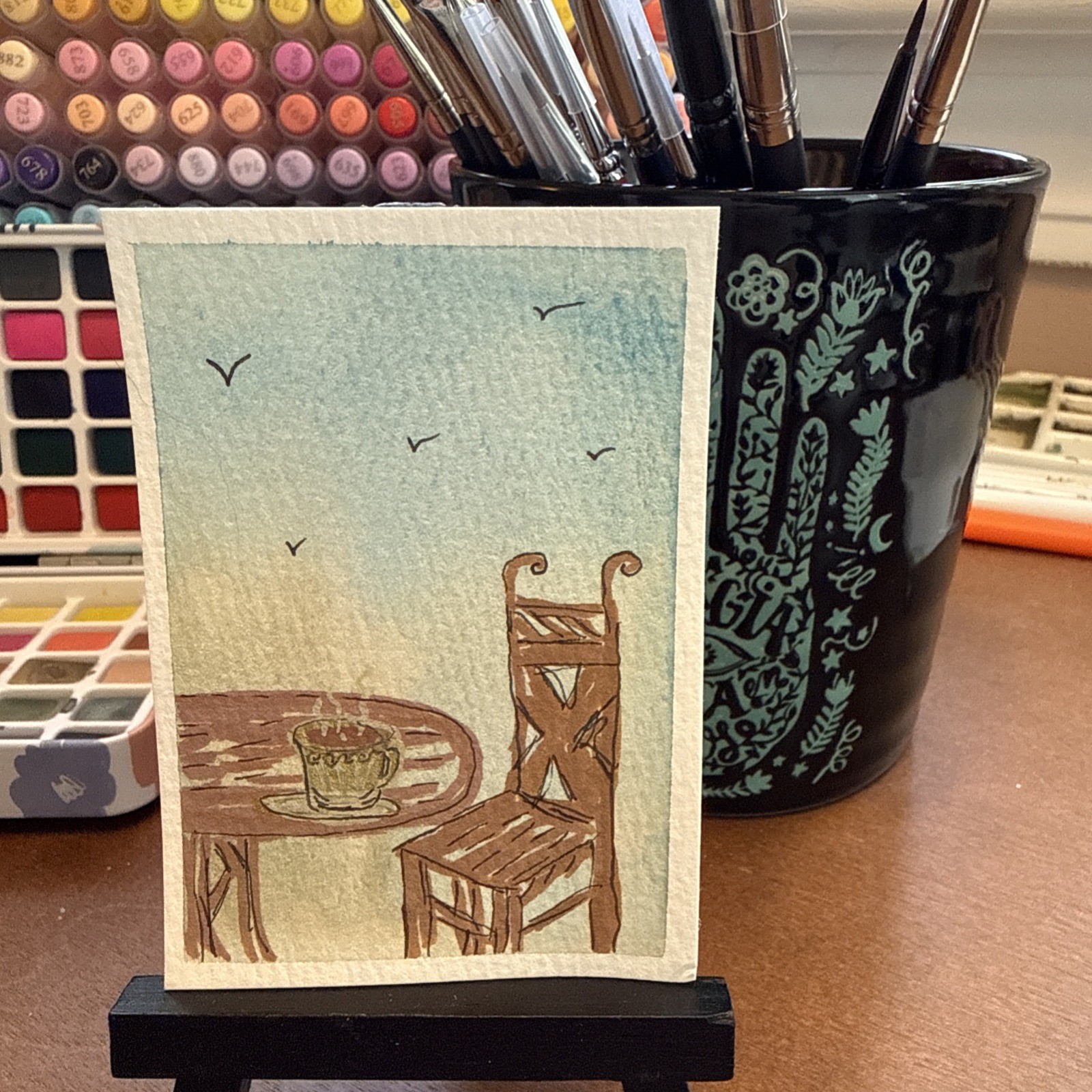 Original Watercolor ACEO Art Card – Whimsical Flowers Birds – OOAK Mini Nature